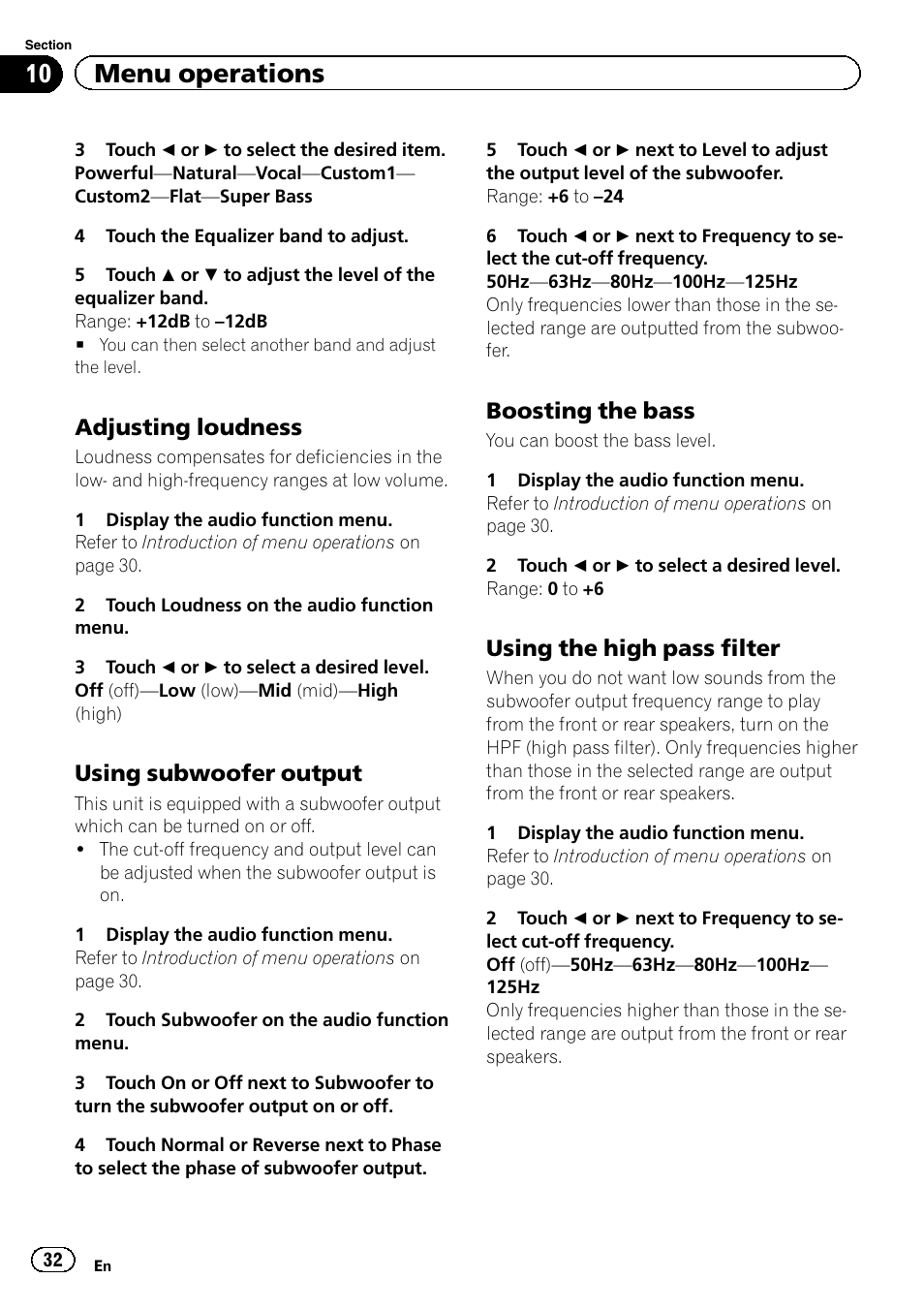 10 menu operations, Adjusting loudness, Using subwoofer output | Boosting the bass, Using the high pass filter | Pioneer AVH-2300DVD User Manual | Page 32 / 64