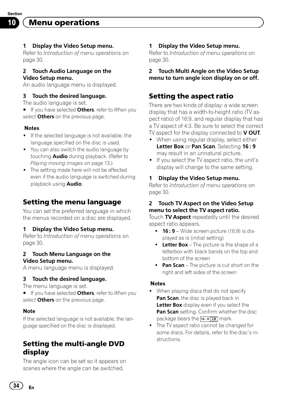 10 menu operations, Setting the menu language, Setting the multi-angle dvd display | Setting the aspect ratio | Pioneer AVH-2300DVD User Manual | Page 34 / 64