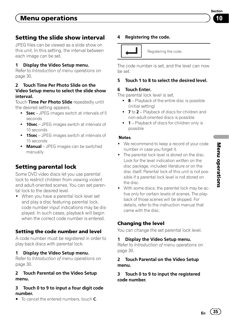 Menu operations, Setting the slide show interval, Setting parental lock | Pioneer AVH-2300DVD User Manual | Page 35 / 64