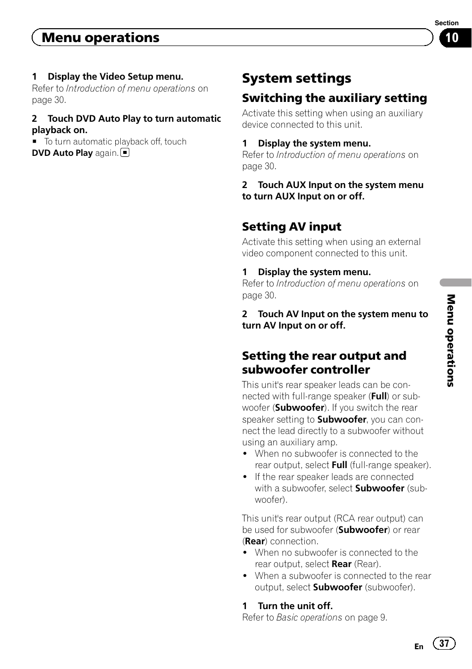 System settings, Menu operations, Switching the auxiliary setting | Setting av input, Setting the rear output and subwoofer controller | Pioneer AVH-2300DVD User Manual | Page 37 / 64