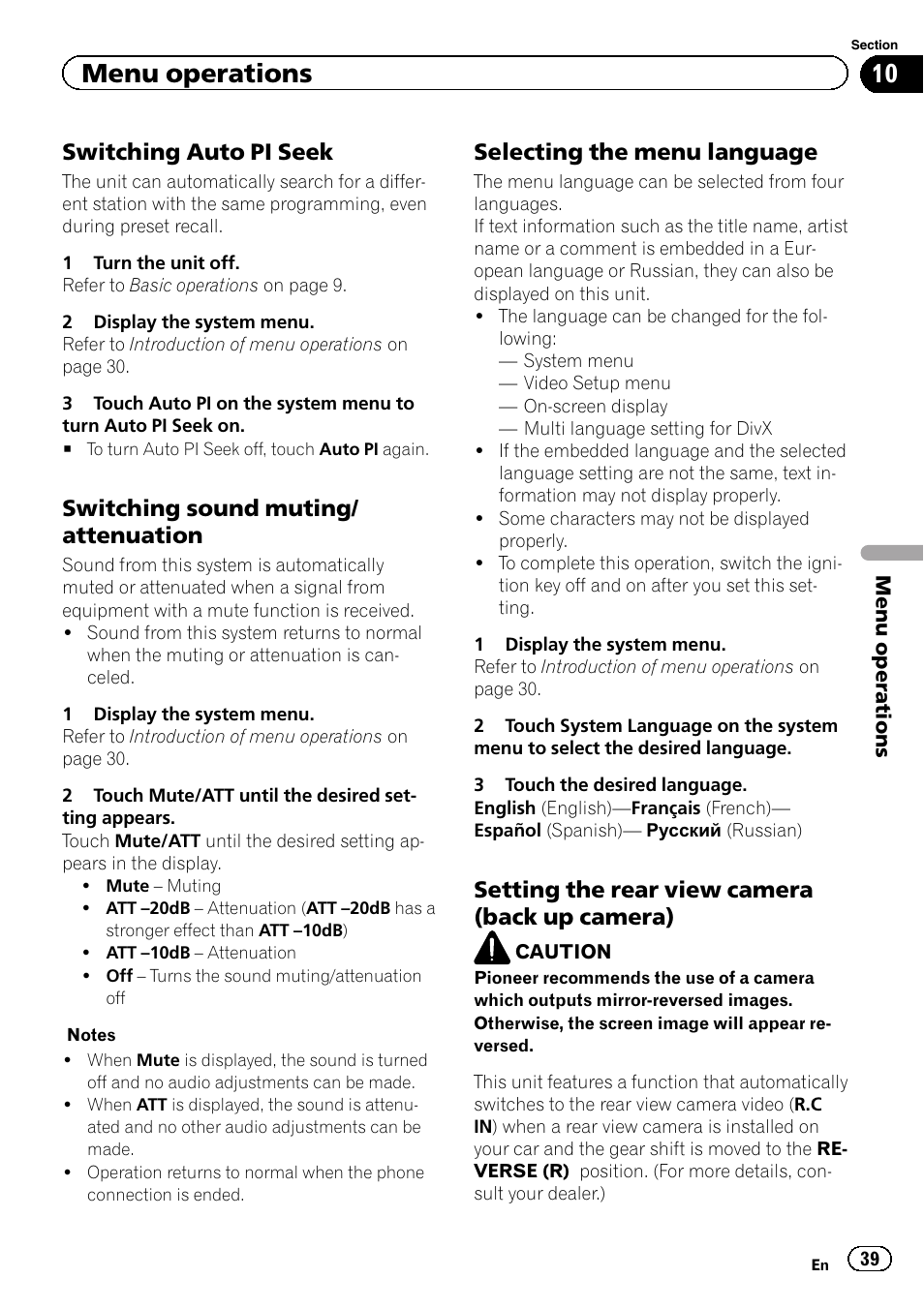 Menu operations, Switching auto pi seek, Switching sound muting/ attenuation | Selecting the menu language, Setting the rear view camera (back up camera) | Pioneer AVH-2300DVD User Manual | Page 39 / 64