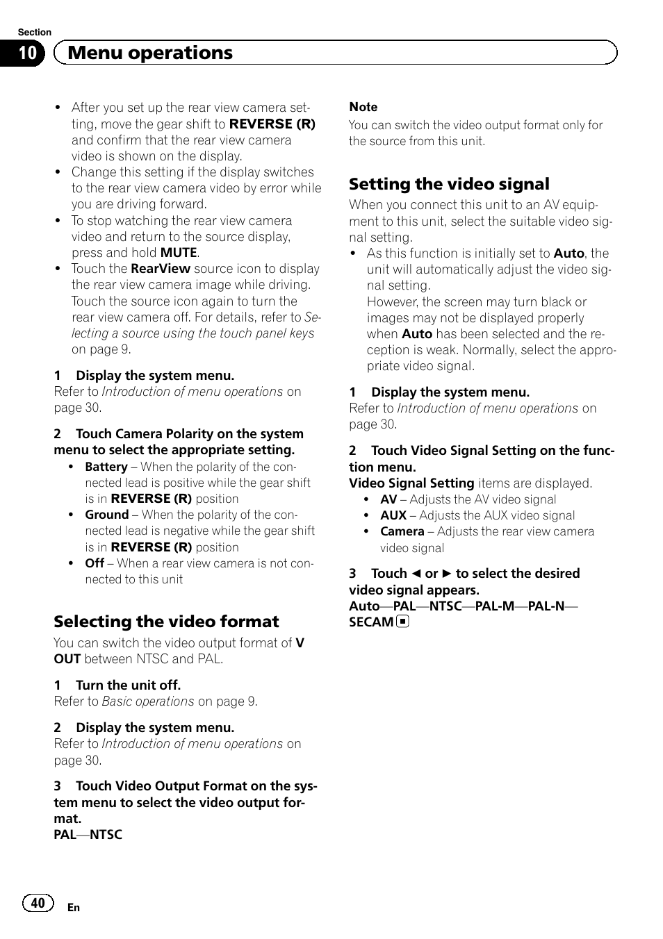 10 menu operations, Selecting the video format, Setting the video signal | Pioneer AVH-2300DVD User Manual | Page 40 / 64