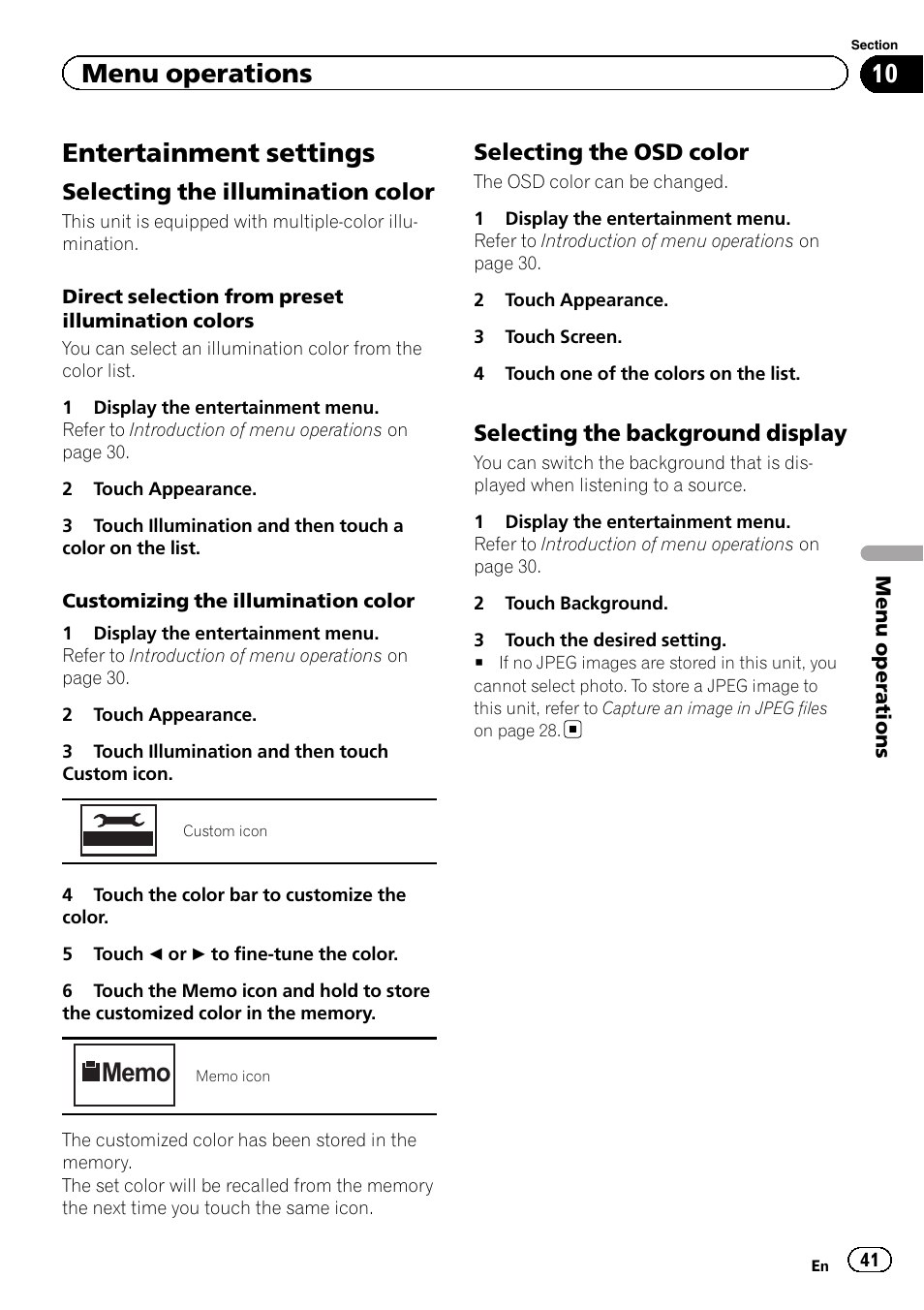 Entertainment settings, Selecting the back, Menu operations | Selecting the illumination color, Selecting the osd color, Selecting the background display | Pioneer AVH-2300DVD User Manual | Page 41 / 64