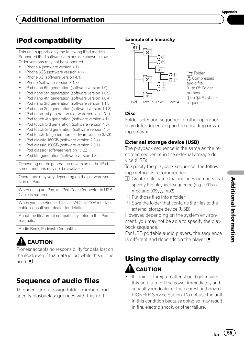 Ipod compatibility, Sequence of audio files, Using the display correctly | Additional information | Pioneer AVH-2300DVD User Manual | Page 55 / 64