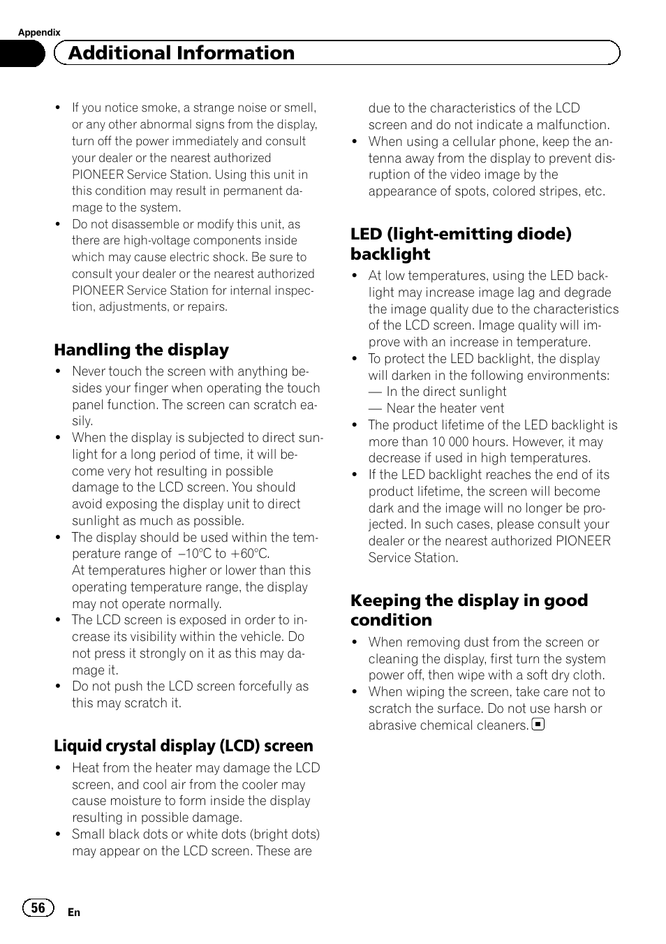 Additional information, Handling the display, Liquid crystal display (lcd) screen | Led (light-emitting diode) backlight, Keeping the display in good condition | Pioneer AVH-2300DVD User Manual | Page 56 / 64