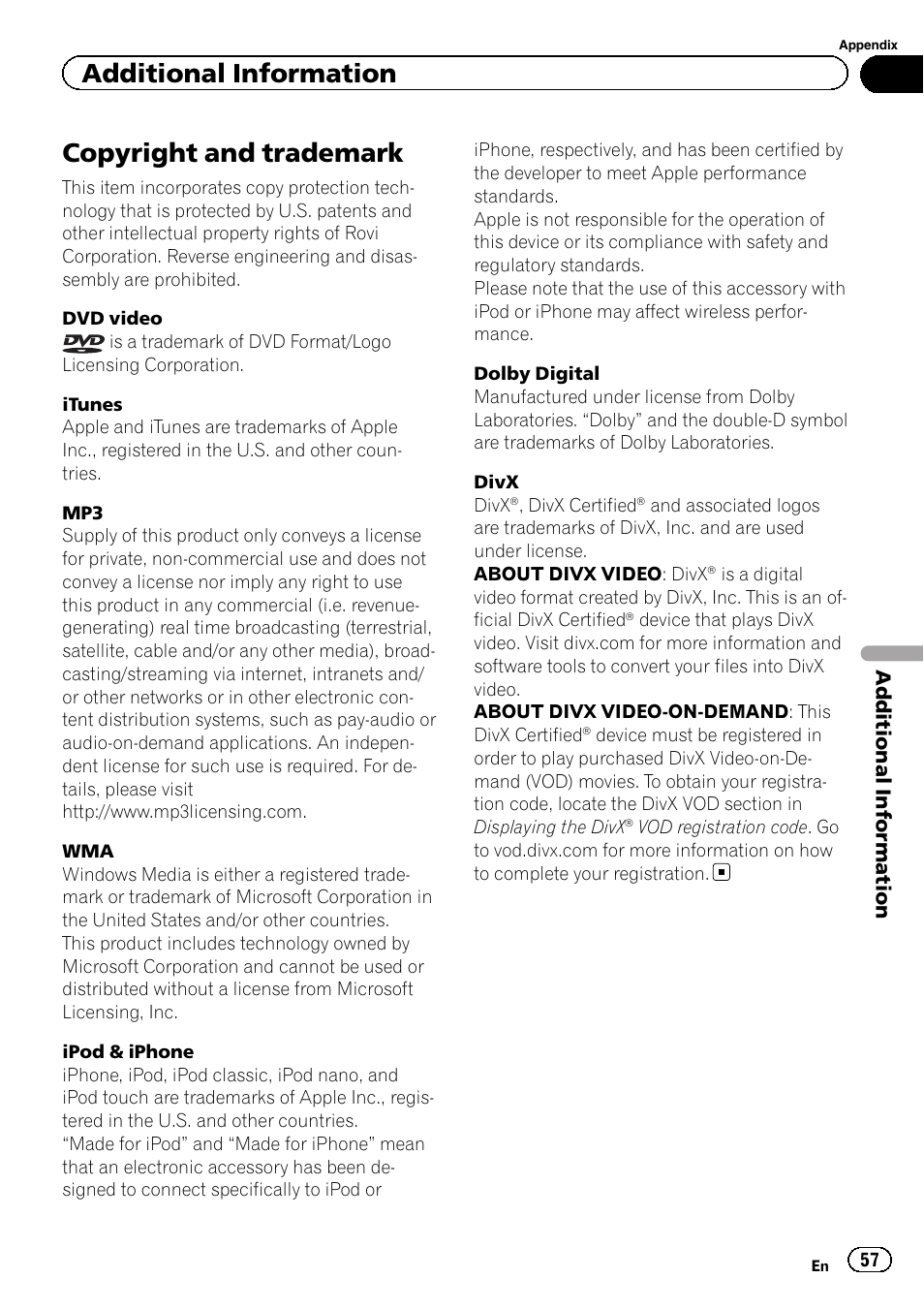 Copyright and trademark, Additional information | Pioneer AVH-2300DVD User Manual | Page 57 / 64