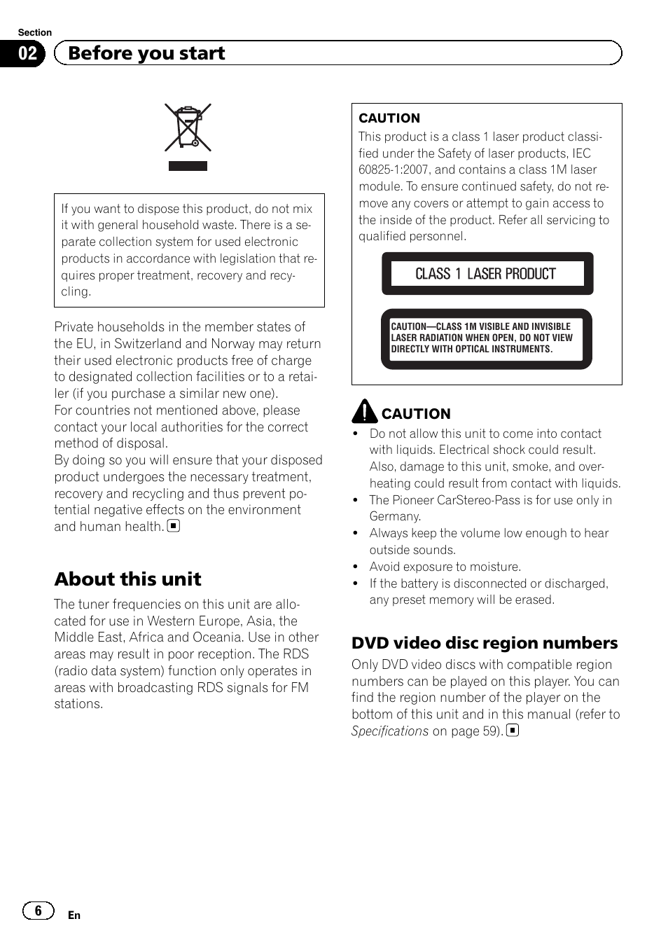 Dvd video disc region numbers 6, Before you start about this unit, About this unit | 02 before you start, Dvd video disc region numbers | Pioneer AVH-2300DVD User Manual | Page 6 / 64