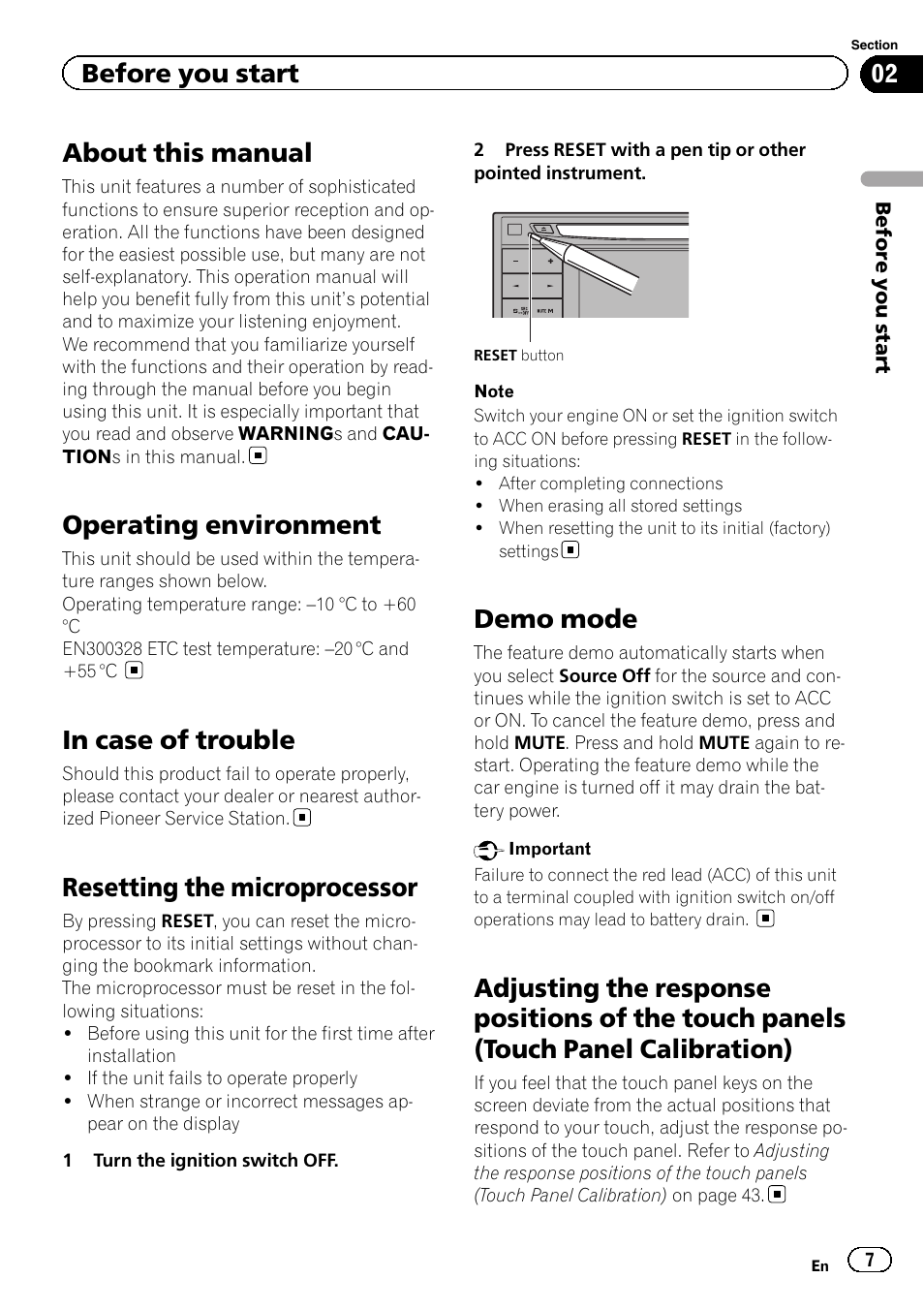 About this manual, Operating environment, In case of trouble | Resetting the microprocessor, Demo mode, Adjusting the response positions of the, Touch panels (touch panel calibration), Before you start | Pioneer AVH-2300DVD User Manual | Page 7 / 64