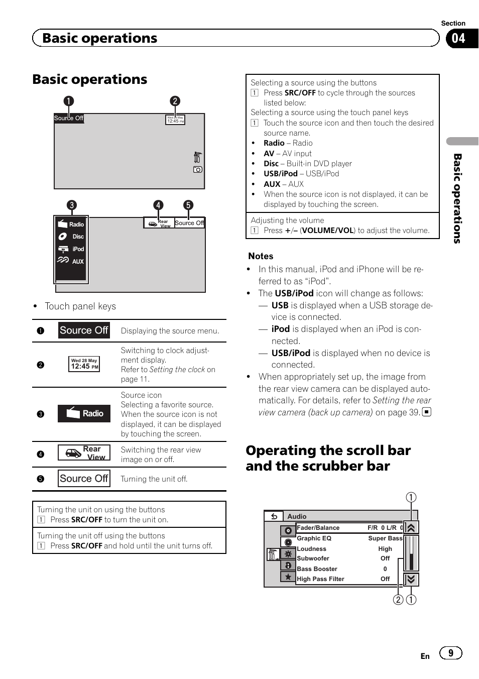 Basic operations basic operations, Operating the scroll bar and the scrubber, Basic operations | Operating the scroll bar and the scrubber bar | Pioneer AVH-2300DVD User Manual | Page 9 / 64