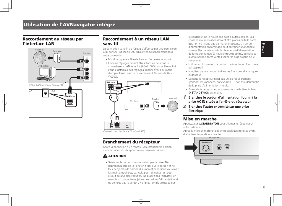 Utilisation de l’avnavigator intégré, Raccordement au réseau par l’interface lan, Raccordement à un réseau lan sans fil | Branchement du récepteur, Mise en marche | Pioneer VSX-924-K User Manual | Page 13 / 76