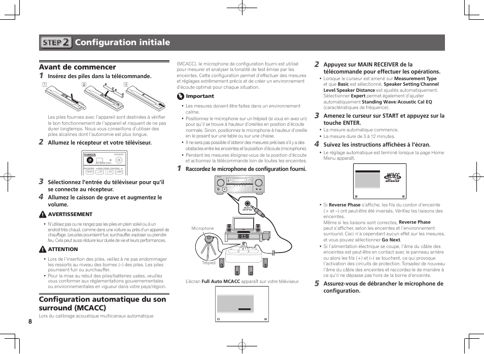 Configuration initiale, Avant de commencer, Configuration automatique du son surround (mcacc) | Pioneer VSX-924-K User Manual | Page 18 / 76