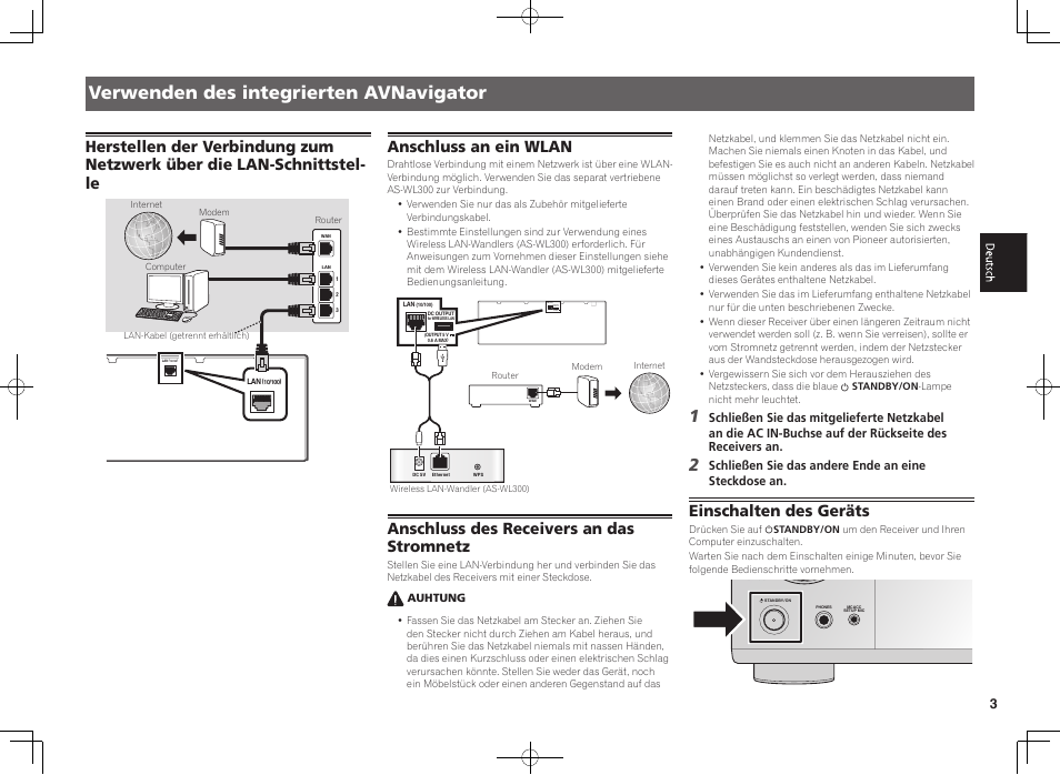Verwenden des integrierten avnavigator, Anschluss an ein wlan, Anschluss des receivers an das stromnetz | Einschalten des geräts | Pioneer VSX-924-K User Manual | Page 23 / 76