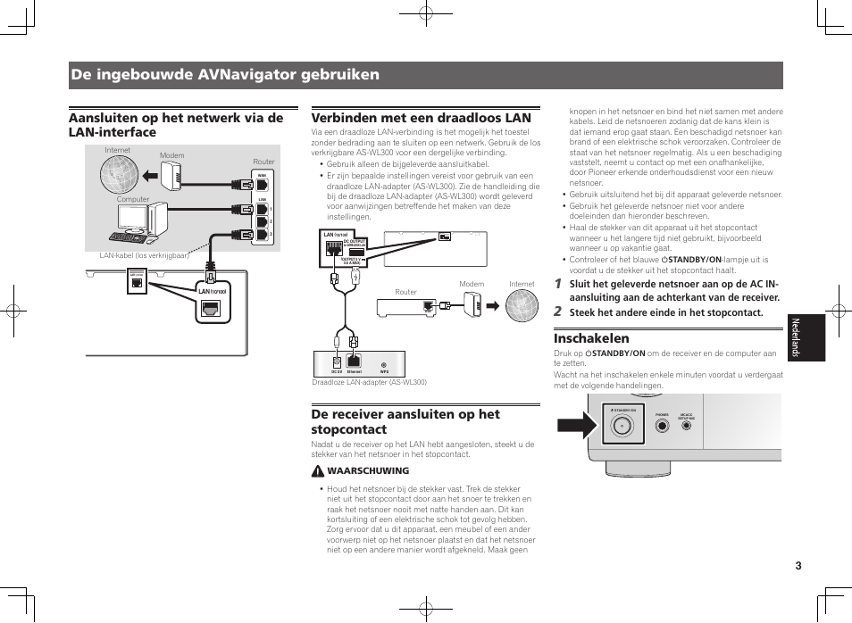 De ingebouwde avnavigator gebruiken, Aansluiten op het netwerk via de lan-interface, Verbinden met een draadloos lan | De receiver aansluiten op het stopcontact, Inschakelen | Pioneer VSX-924-K User Manual | Page 43 / 76