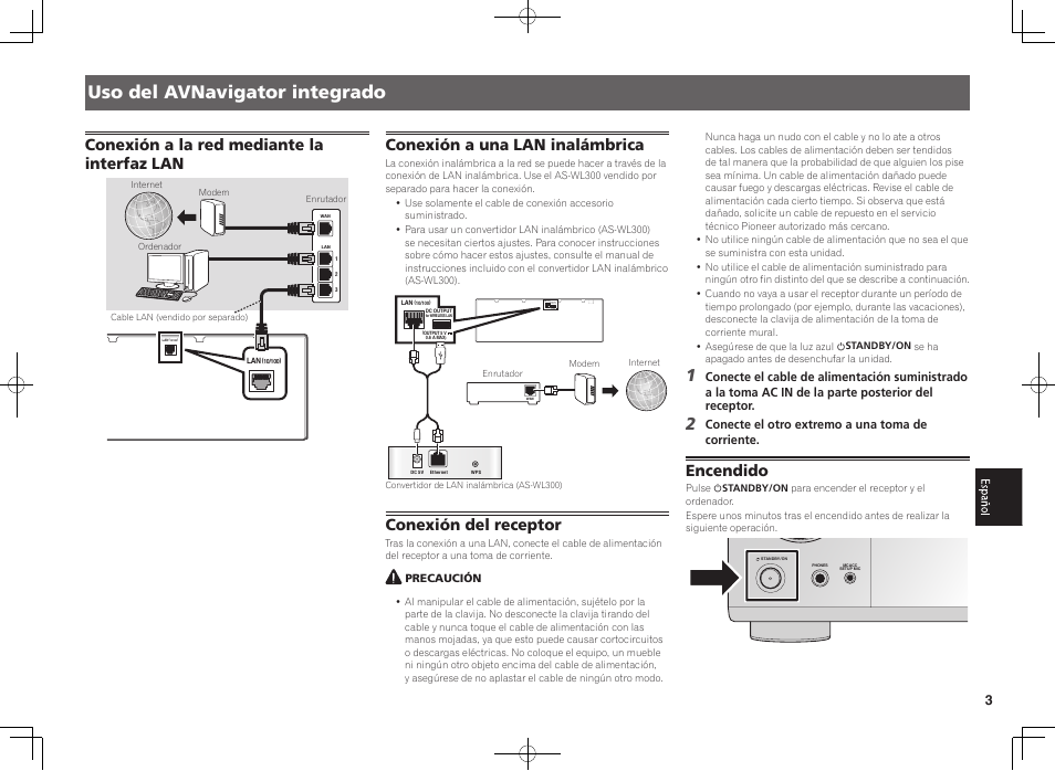 Uso del avnavigator integrado, Conexión a la red mediante la interfaz lan, Conexión a una lan inalámbrica | Conexión del receptor, Encendido | Pioneer VSX-924-K User Manual | Page 53 / 76