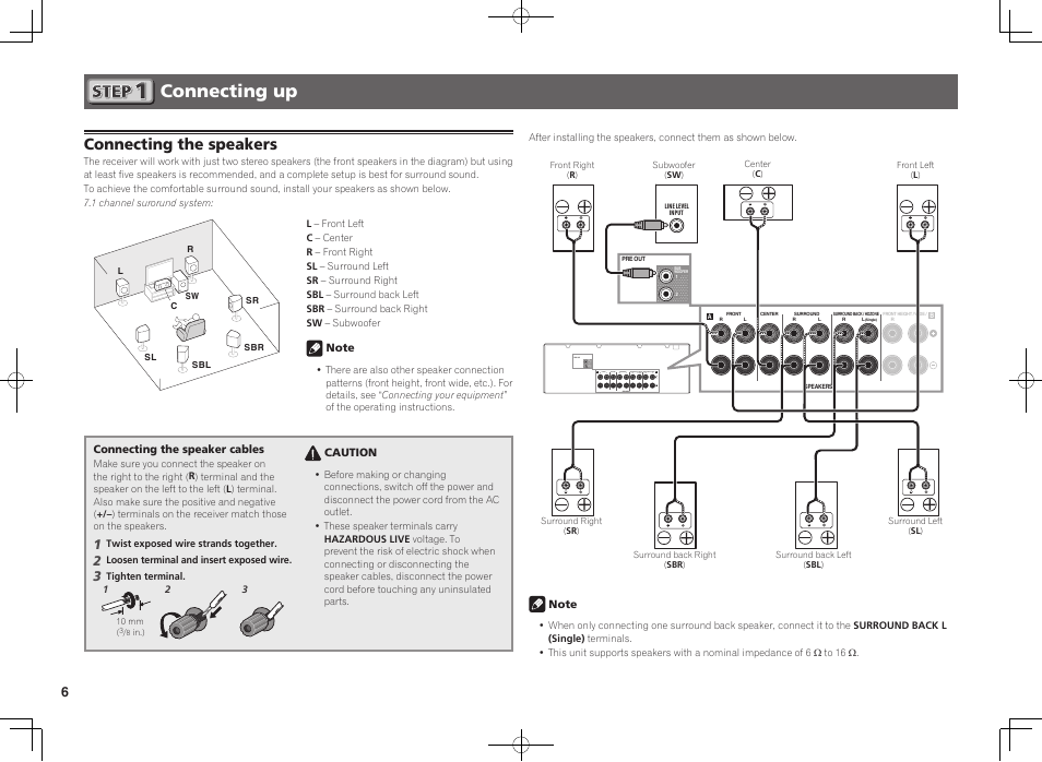 Connecting up, Connecting the speakers | Pioneer VSX-924-K User Manual | Page 6 / 76