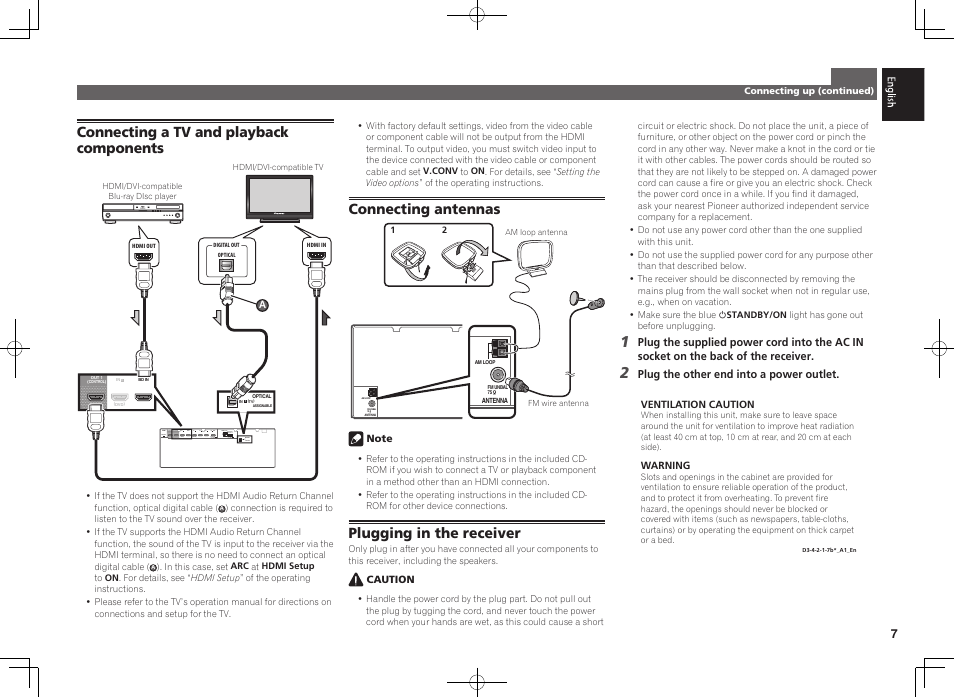 Connecting antennas, Plugging in the receiver | Pioneer VSX-924-K User Manual | Page 7 / 76