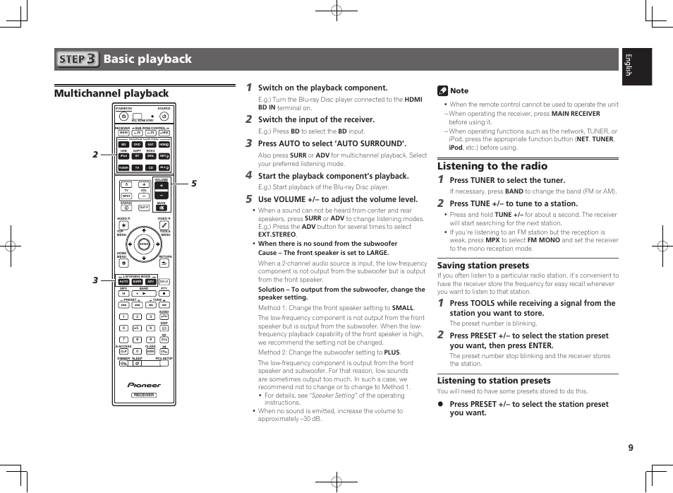 Basic playback, Multichannel playback, Listening to the radio | Saving station presets, Listening to station presets, Switch on the playback component, Switch the input of the receiver, Press auto to select ’auto surround, Start the playback component’s playback, Use volume +/– to adjust the volume level | Pioneer VSX-924-K User Manual | Page 9 / 76