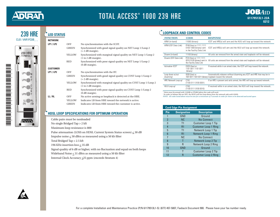 ADTRAN 1000 239 HRE User Manual | 2 pages