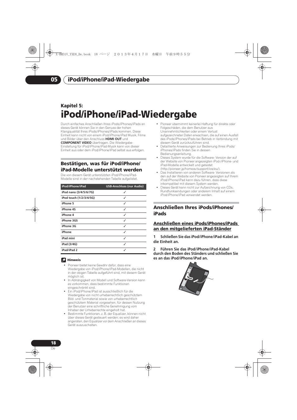 05 ipod/iphone/ipad-wiedergabe, Bestätigen, was für ipod/iphone/ipad-modelle, Unterstützt werden | Anschließen ihres ipods/iphones/ ipads, Anschließen eines ipods/iphones/ipads an den, Mitgelieferten ipad-ständer, Ipod/iphone/ipad-wiedergabe, Ipod/iphone/ipad-wiedergabe 05, Kapitel 5 | Pioneer X-HM31V-K User Manual | Page 102 / 256