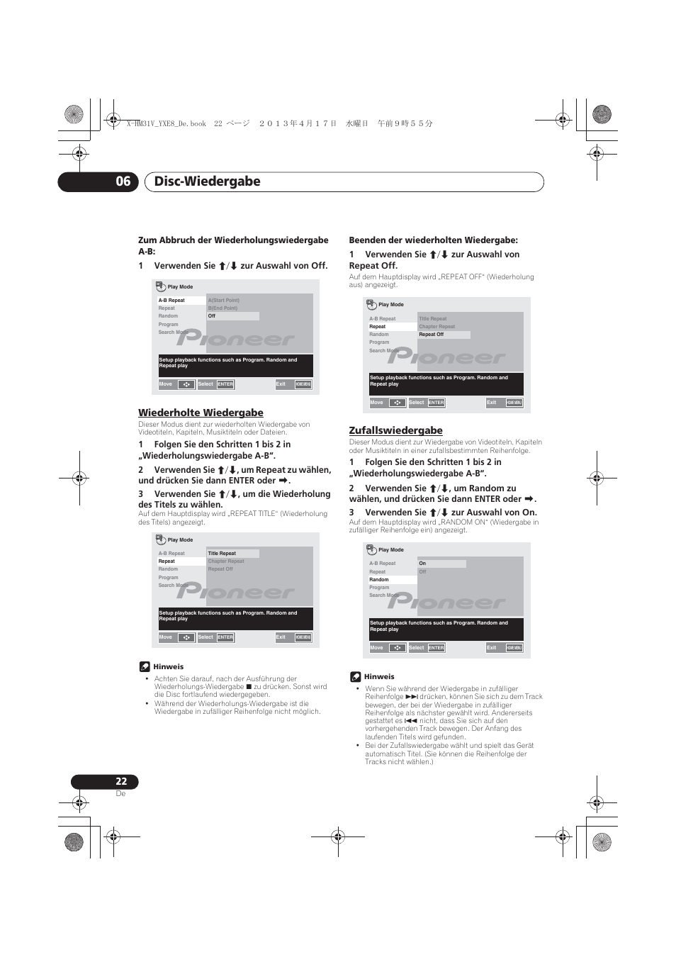 Wiederholte wiedergabe, Zufallswiedergabe, Disc-wiedergabe 06 | Pioneer X-HM31V-K User Manual | Page 106 / 256