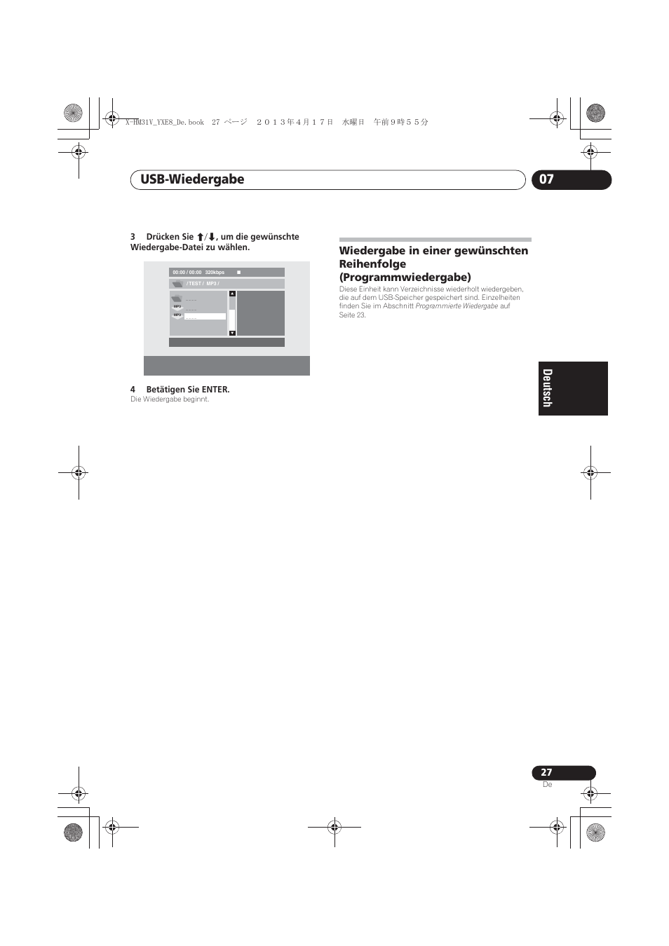 Wiedergabe in einer gewünschten reihenfolge, Programmwiedergabe), Usb-wiedergabe 07 | Pioneer X-HM31V-K User Manual | Page 111 / 256