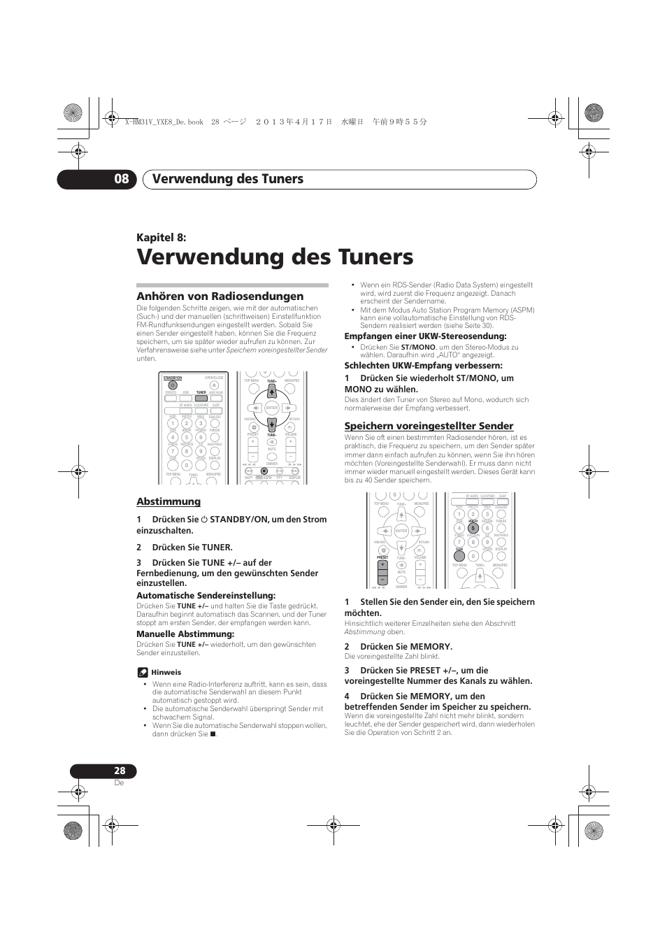 08 verwendung des tuners, Anhören von radiosendungen, Abstimmung | Speichern voreingestellter sender, Verwendung des tuners, Verwendung des tuners 08, Kapitel 8, Manuelle abstimmung, Empfangen einer ukw-stereosendung | Pioneer X-HM31V-K User Manual | Page 112 / 256