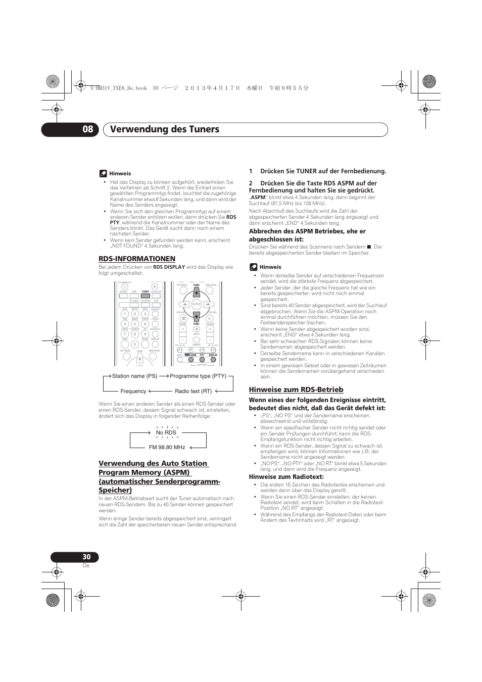 Rds-informationen, Verwendung des auto station program memory (aspm), Automatischer senderprogramm-speicher) | Hinweise zum rds-betrieb, Verwendung des tuners 08, Hinweise zum radiotext | Pioneer X-HM31V-K User Manual | Page 114 / 256
