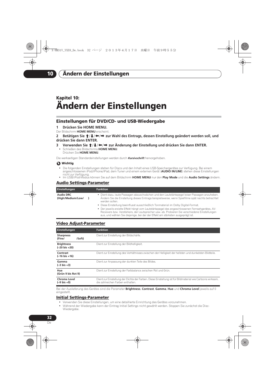 10 ändern der einstellungen, Einstellungen für dvd/cd- und usb-wiedergabe, Audio settings-parameter | Video adjust-parameter, Initial settings-parameter, Ändern der einstellungen, Ändern der einstellungen 10, Kapitel 10 | Pioneer X-HM31V-K User Manual | Page 116 / 256