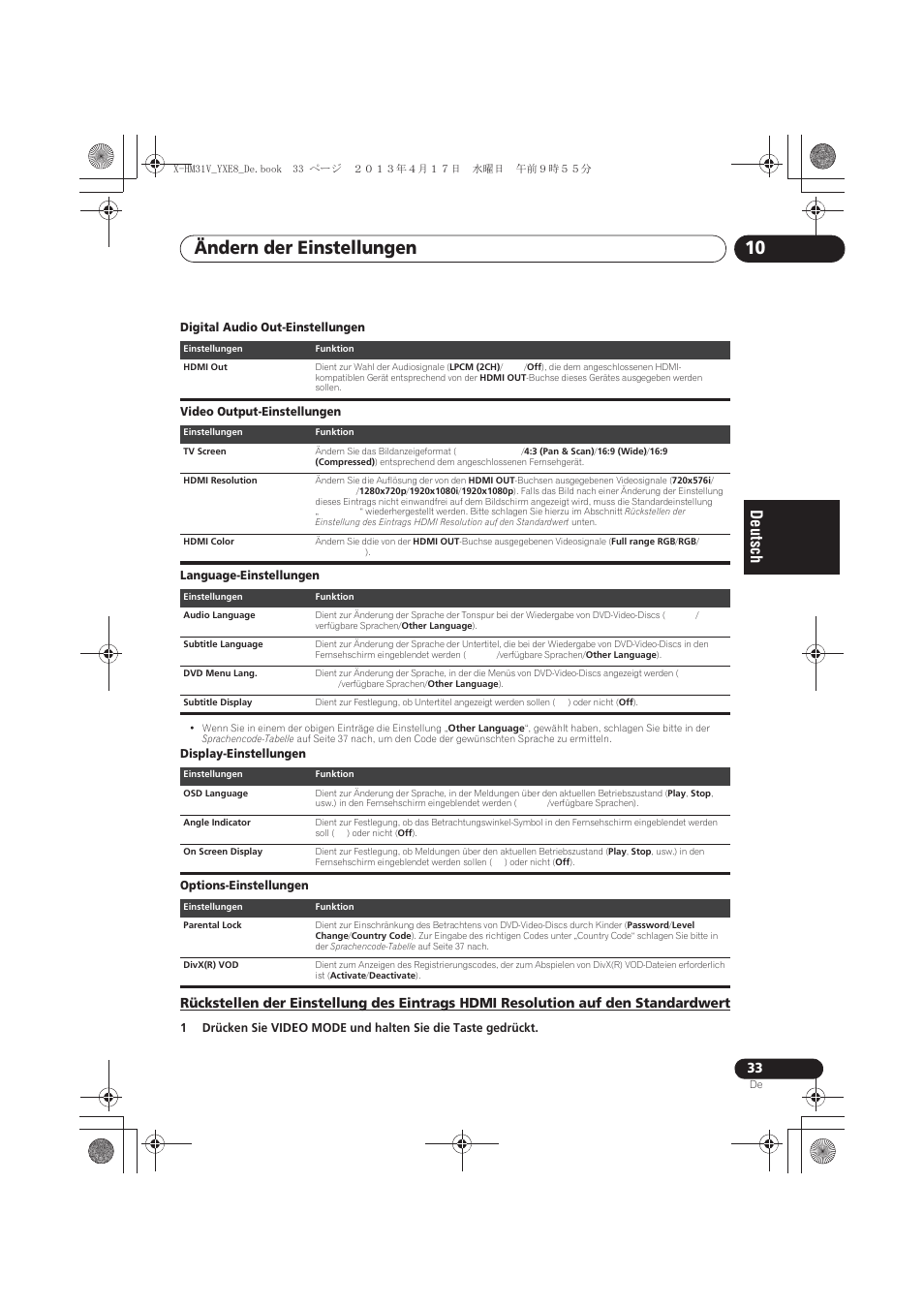 Rückstellen der einstellung des eintrags hdmi, Resolution auf den standardwert, Ändern der einstellungen 10 | Pioneer X-HM31V-K User Manual | Page 117 / 256