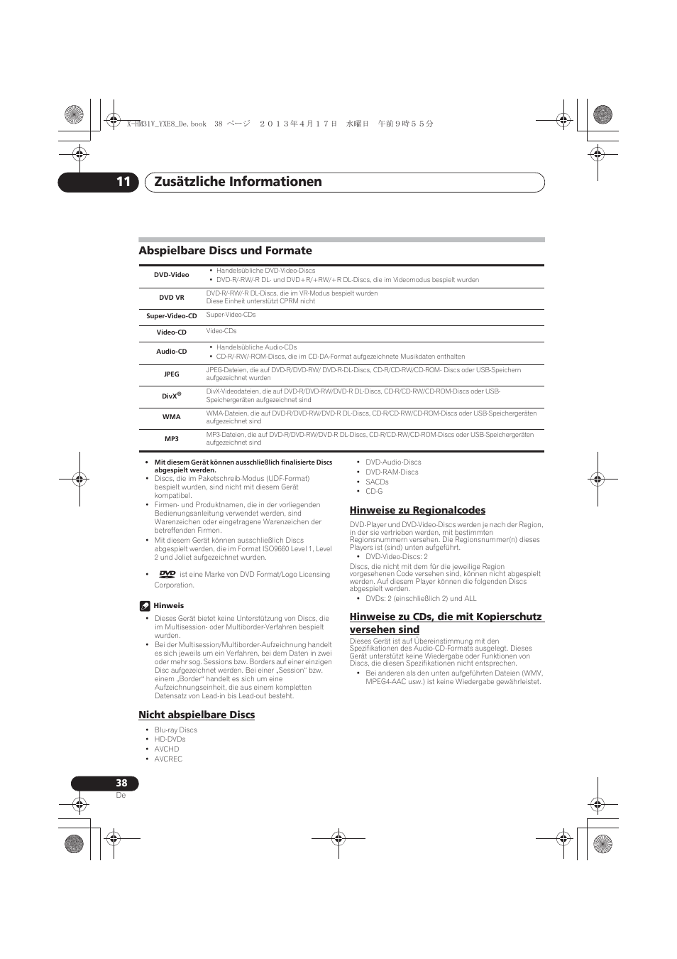 Abspielbare discs und formate, Nicht abspielbare discs, Hinweise zu regionalcodes | Hinweise zu cds, die mit kopierschutz versehen, Sind, Zusätzliche informationen 11 | Pioneer X-HM31V-K User Manual | Page 122 / 256
