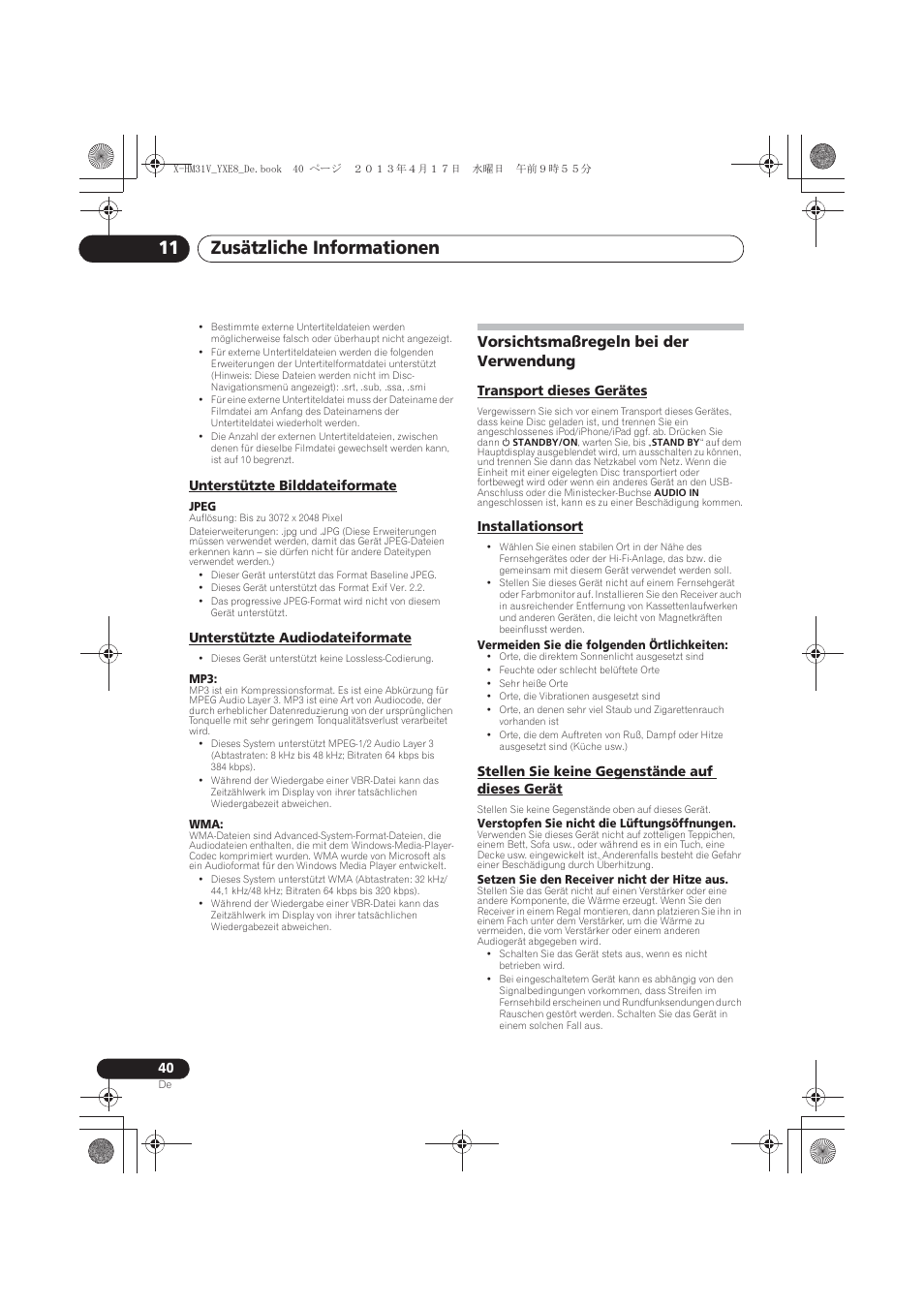 Unterstützte bilddateiformate, Unterstützte audiodateiformate, Vorsichtsmaßregeln bei der verwendung | Transport dieses gerätes, Installationsort, Stellen sie keine gegenstände auf dieses gerät, Zusätzliche informationen 11 | Pioneer X-HM31V-K User Manual | Page 124 / 256