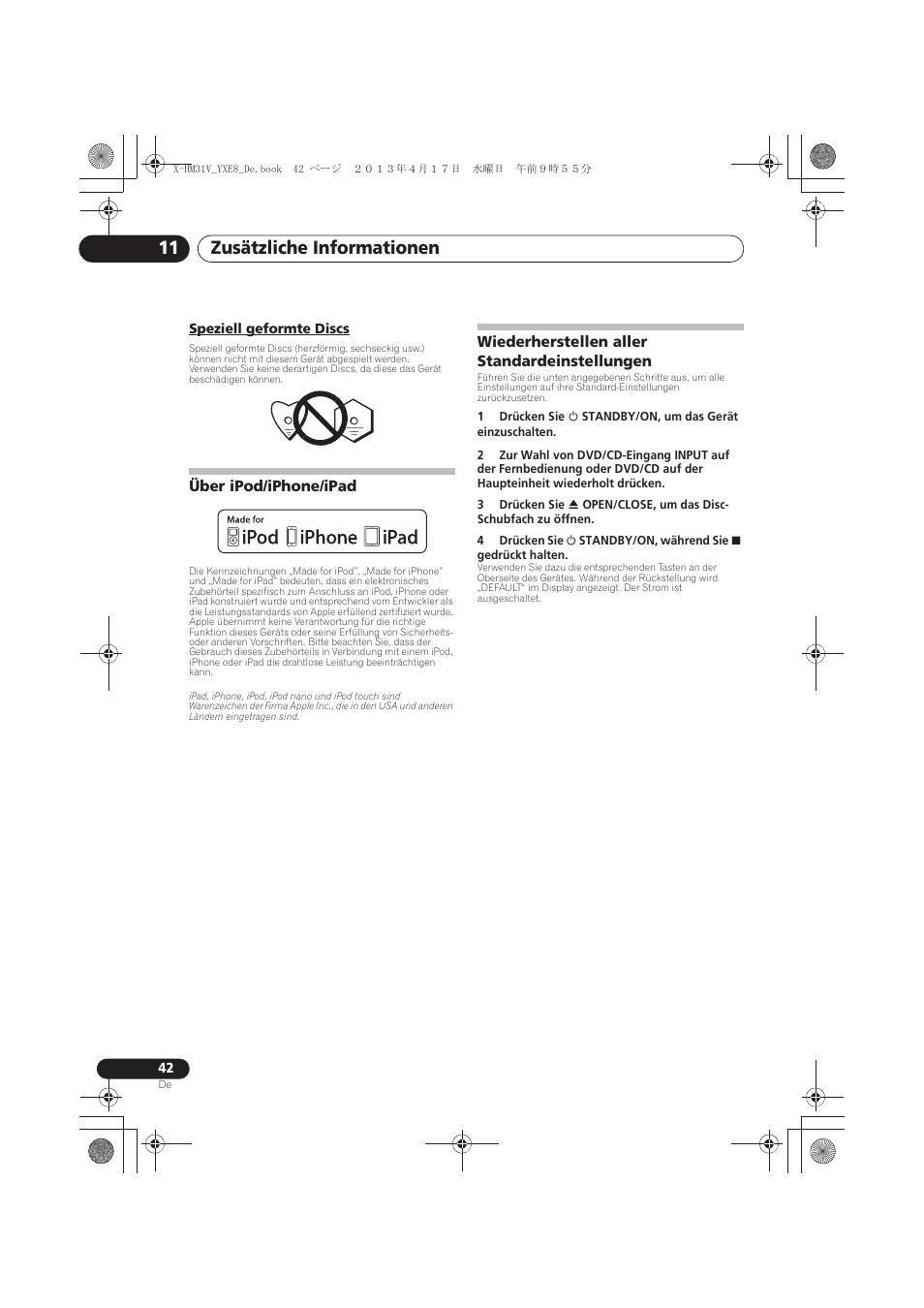 Speziell geformte discs, Über ipod/iphone/ipad, Wiederherstellen aller standardeinstellungen | Zusätzliche informationen 11 | Pioneer X-HM31V-K User Manual | Page 126 / 256