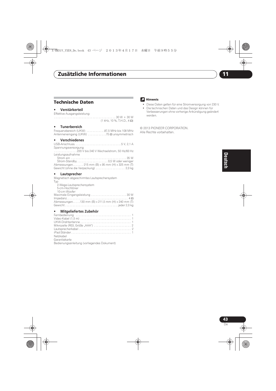Technische daten, Zusätzliche informationen 11 | Pioneer X-HM31V-K User Manual | Page 127 / 256