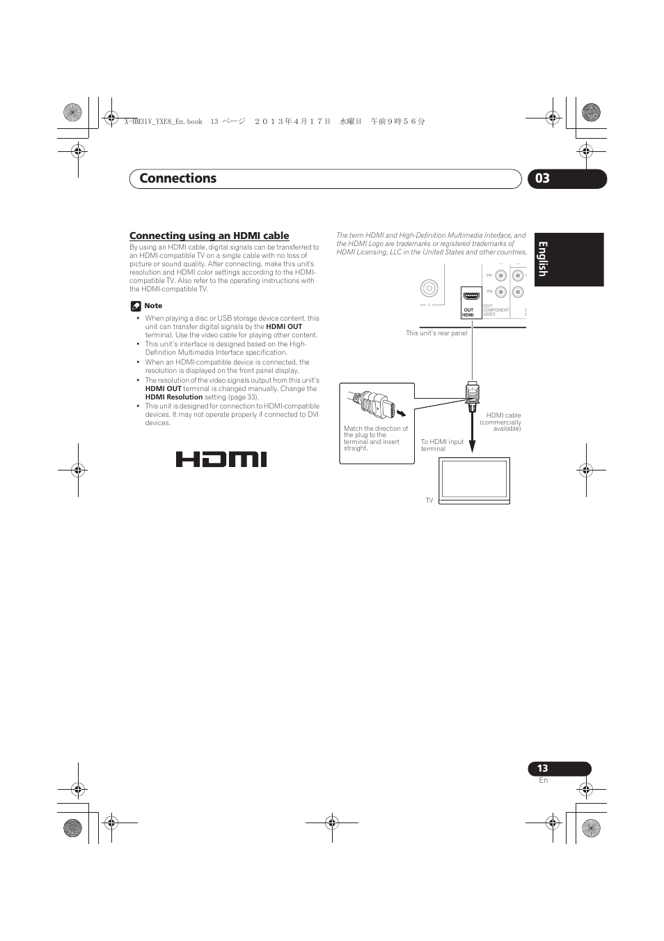 Connecting using an hdmi cable, Connections 03, English | Pioneer X-HM31V-K User Manual | Page 13 / 256