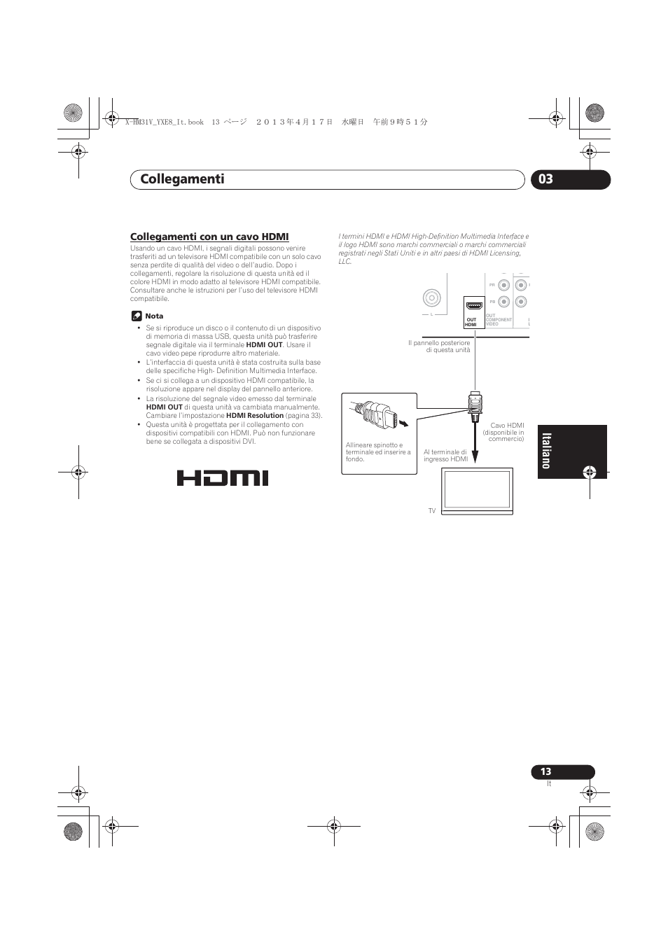 Collegamenti con un cavo hdmi, Collegamenti 03 | Pioneer X-HM31V-K User Manual | Page 139 / 256
