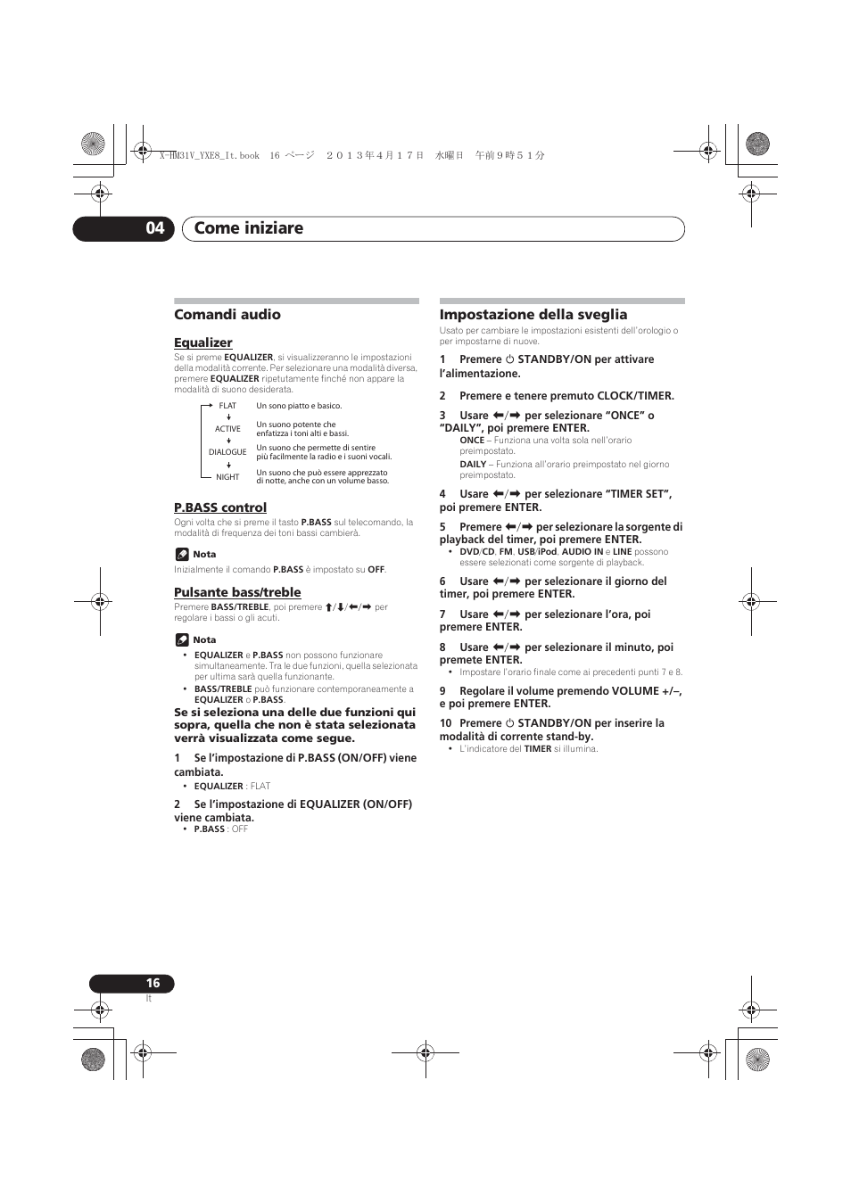 Comandi audio, Equalizer, P.bass control | Pulsante bass/treble, Impostazione della sveglia, Come iniziare 04 | Pioneer X-HM31V-K User Manual | Page 142 / 256