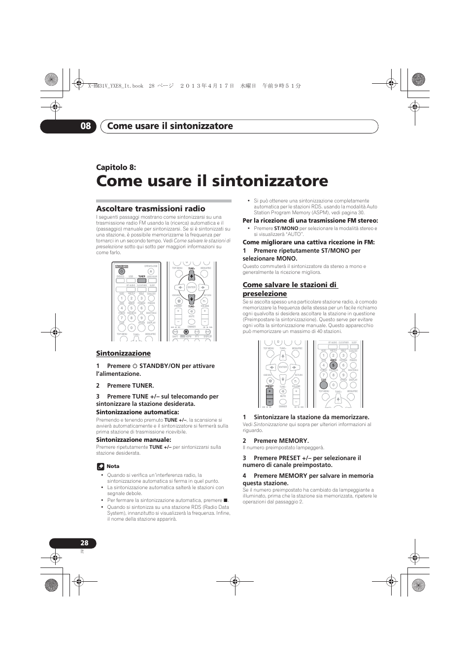 08 come usare il sintonizzatore, Ascoltare trasmissioni radio, Sintonizzazione | Come salvare le stazioni di preselezione, Come usare il sintonizzatore, Come usare il sintonizzatore 08, Capitolo 8, Sintonizzazione manuale, Per la ricezione di una trasmissione fm stereo | Pioneer X-HM31V-K User Manual | Page 154 / 256