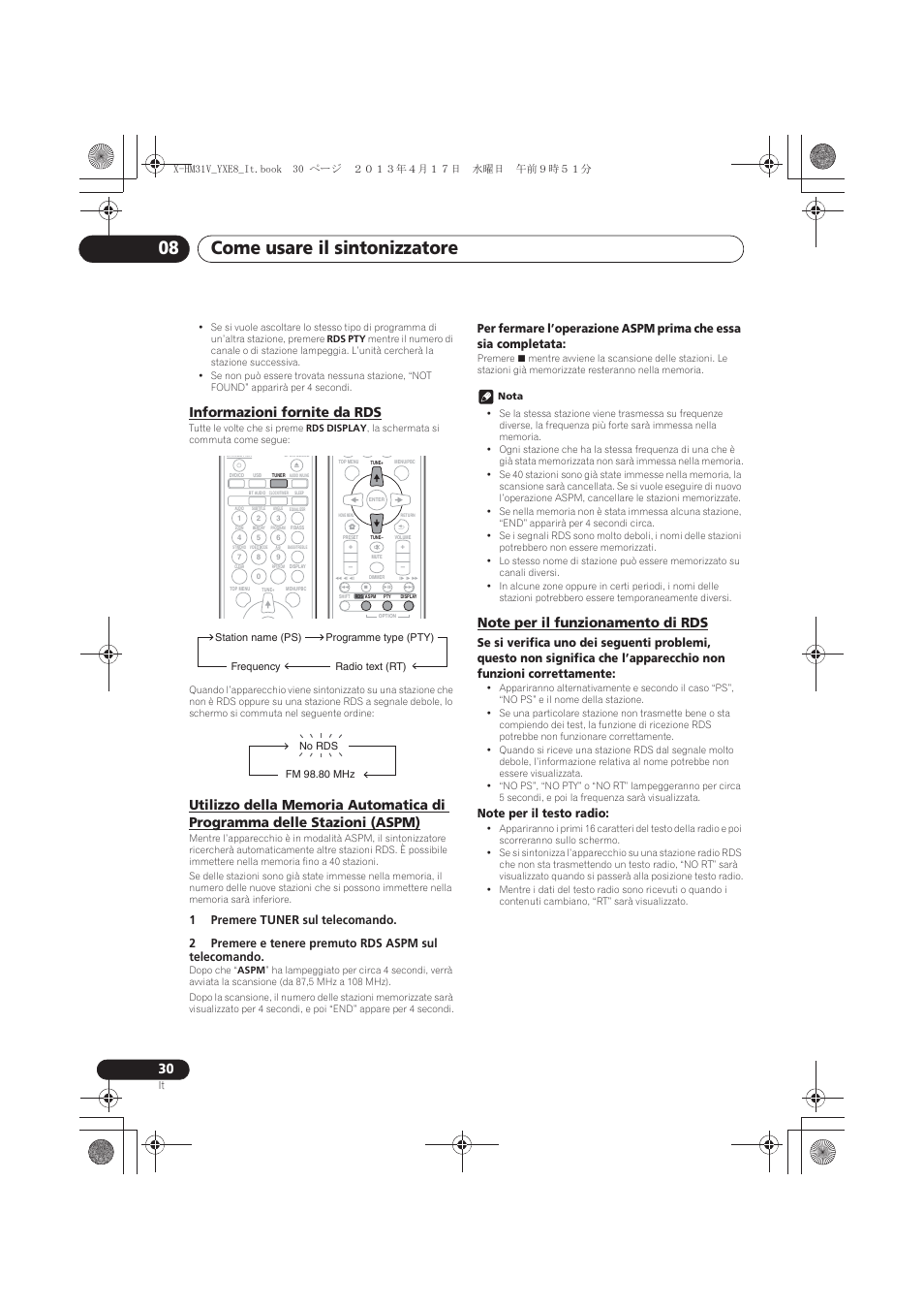 Informazioni fornite da rds, Stazioni (aspm), Note per il funzionamento di rds | Come usare il sintonizzatore 08 | Pioneer X-HM31V-K User Manual | Page 156 / 256
