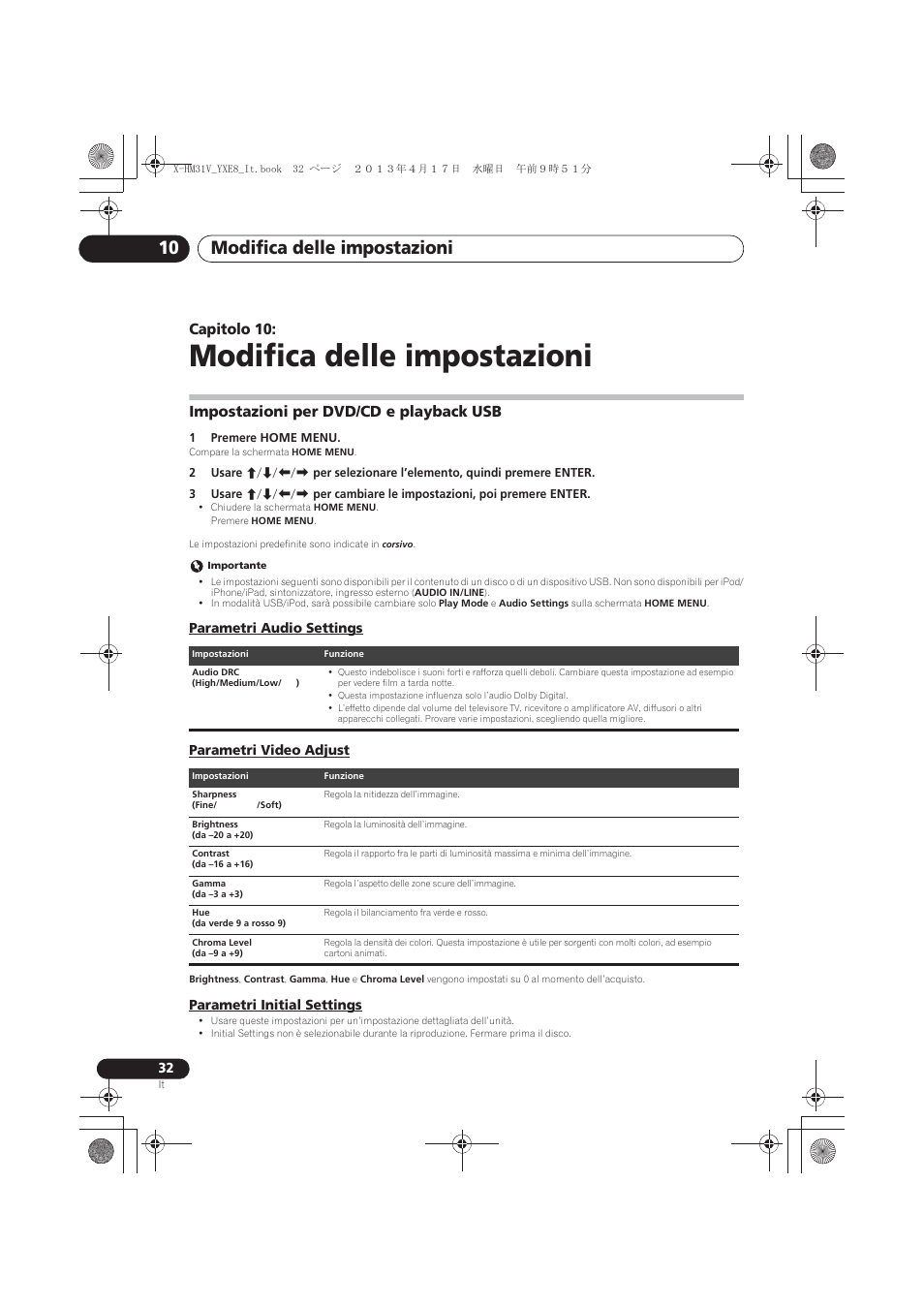 10 modifica delle impostazioni, Impostazioni per dvd/cd e playback usb, Parametri audio settings | Parametri video adjust, Parametri initial settings, Modifica delle impostazioni, Modifica delle impostazioni 10, Capitolo 10 | Pioneer X-HM31V-K User Manual | Page 158 / 256