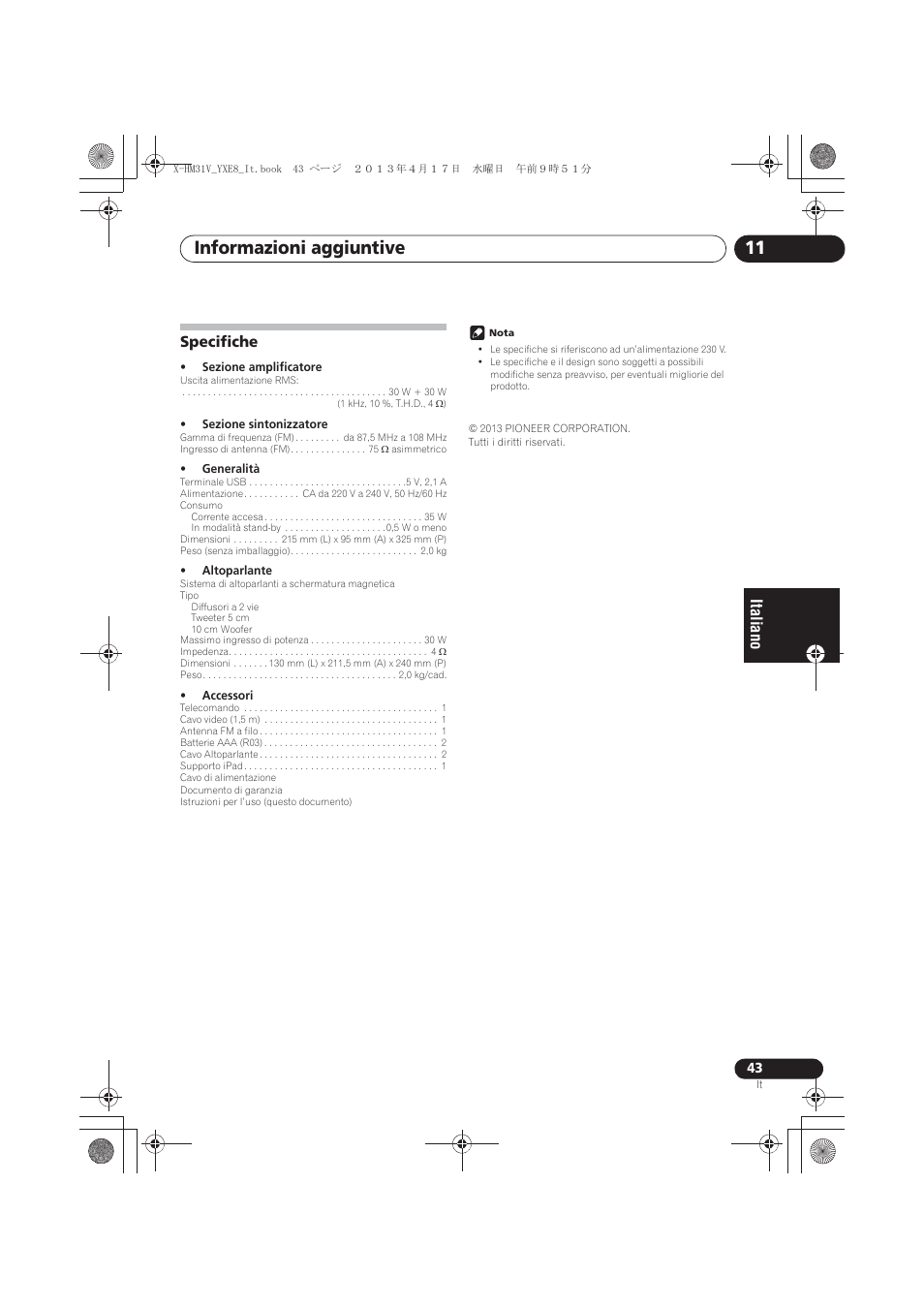 Specifiche, Informazioni aggiuntive 11 | Pioneer X-HM31V-K User Manual | Page 169 / 256