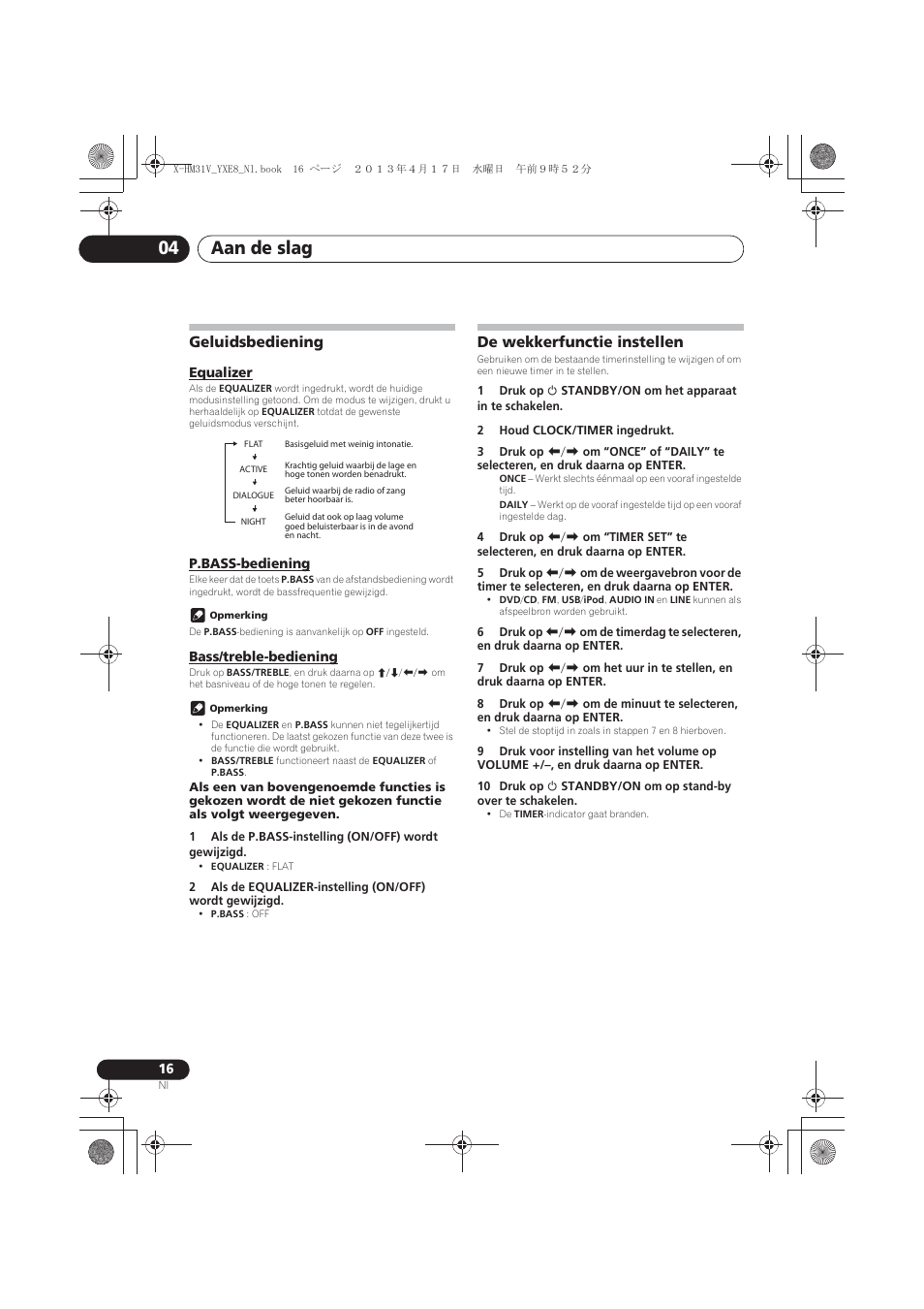 Geluidsbediening, Equalizer, P.bass-bediening | Bass/treble-bediening, De wekkerfunctie instellen, Aan de slag 04 | Pioneer X-HM31V-K User Manual | Page 184 / 256