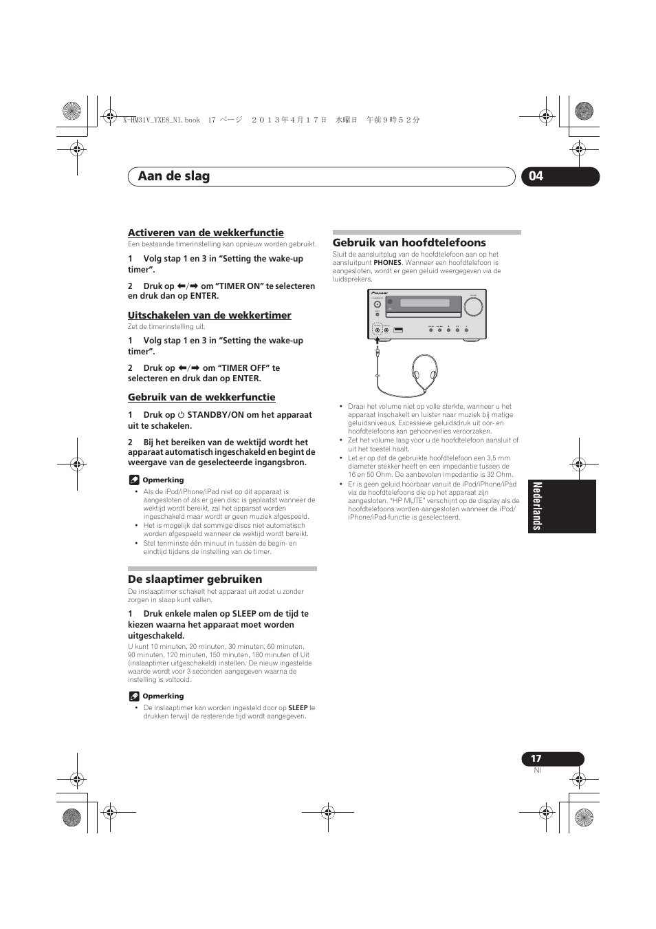 Activeren van de wekkerfunctie, Uitschakelen van de wekkertimer, Gebruik van de wekkerfunctie | De slaaptimer gebruiken, Gebruik van hoofdtelefoons, Aan de slag 04 | Pioneer X-HM31V-K User Manual | Page 185 / 256