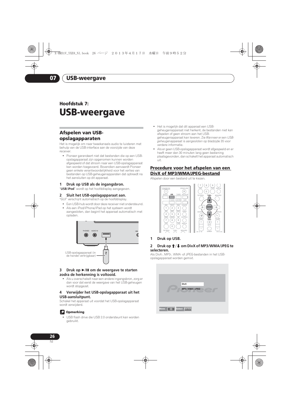 07 usb-weergave, Afspelen van usb-opslagapparaten, Jpeg-bestand | Usb-weergave, Usb-weergave 07, Hoofdstuk 7, Afspelen van usb- opslagapparaten, 1druk op usb als de ingangsbron, 2sluit het usb-opslagapparaat aan | Pioneer X-HM31V-K User Manual | Page 194 / 256