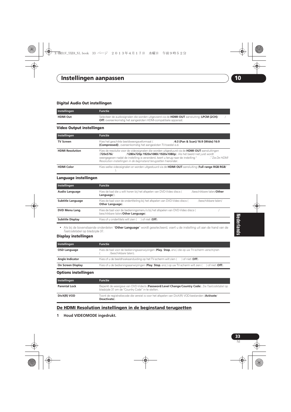 De hdmi resolution instellingen in de beginstand, Terugzetten, Instellingen aanpassen 10 | Pioneer X-HM31V-K User Manual | Page 201 / 256