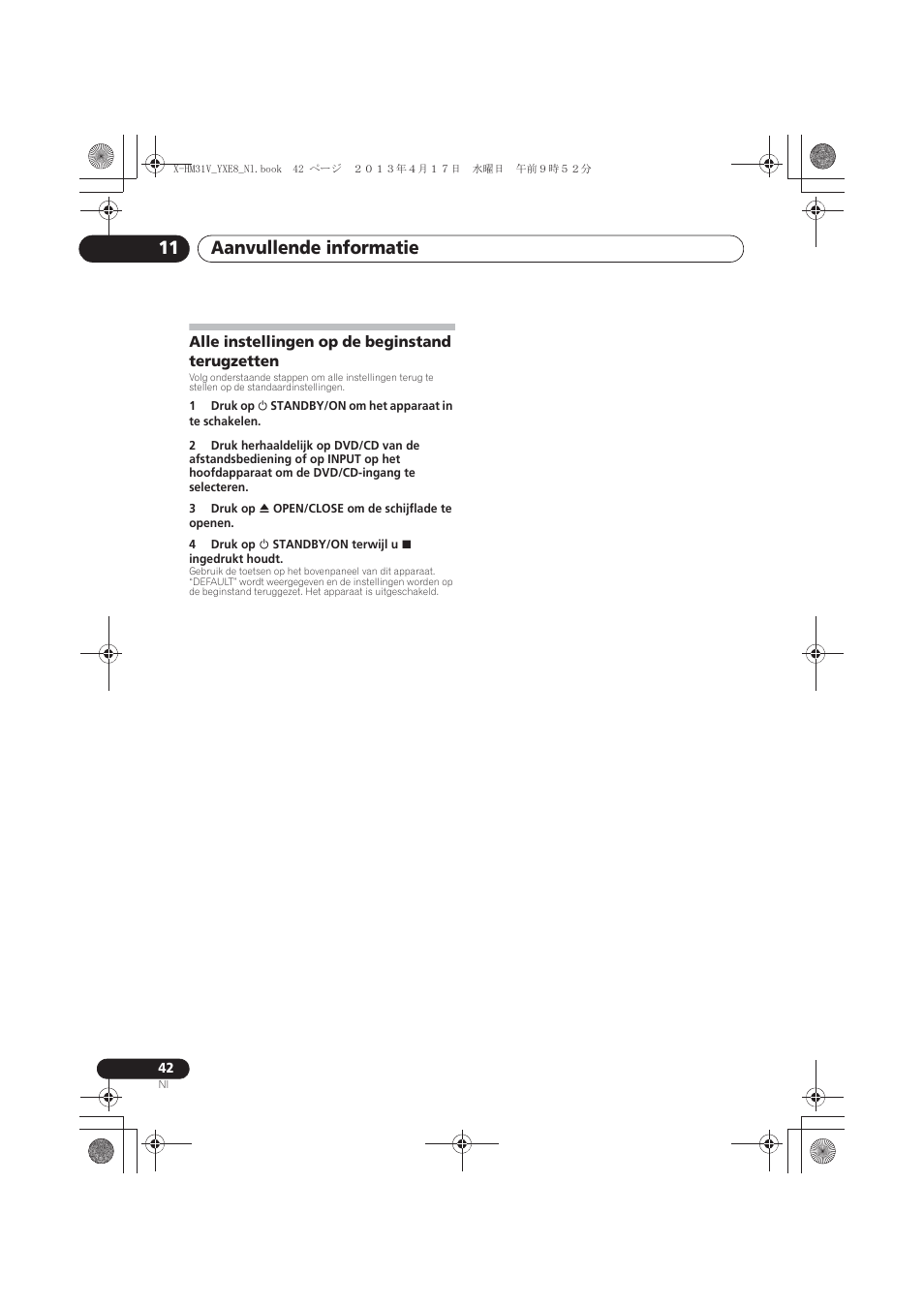 Alle instellingen op de beginstand terugzetten, Aanvullende informatie 11 | Pioneer X-HM31V-K User Manual | Page 210 / 256