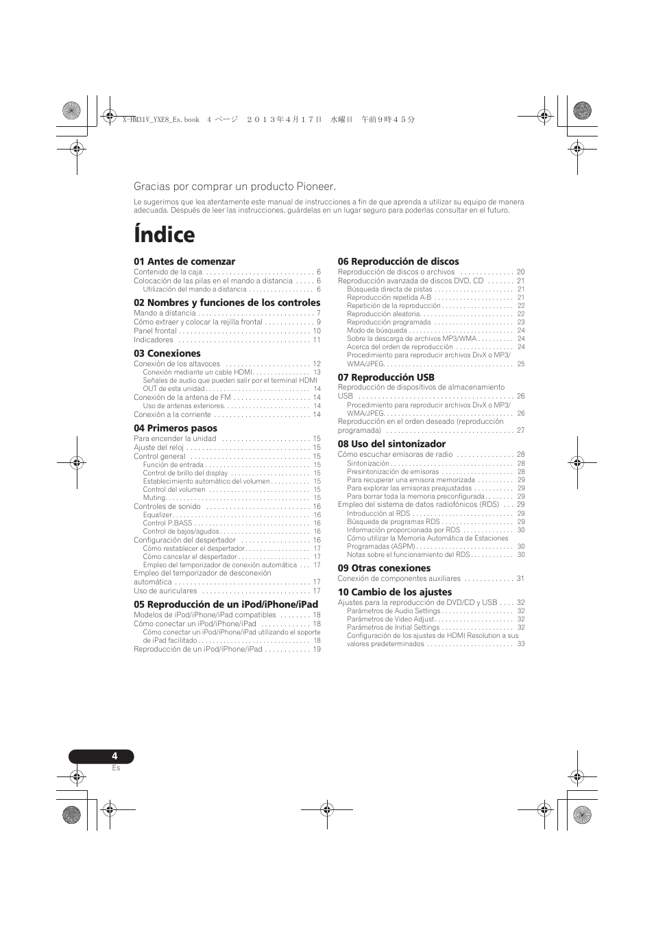 Sistema receptor de dvd, Manual de instrucciones, Índice | Gracias por comprar un producto pioneer | Pioneer X-HM31V-K User Manual | Page 214 / 256