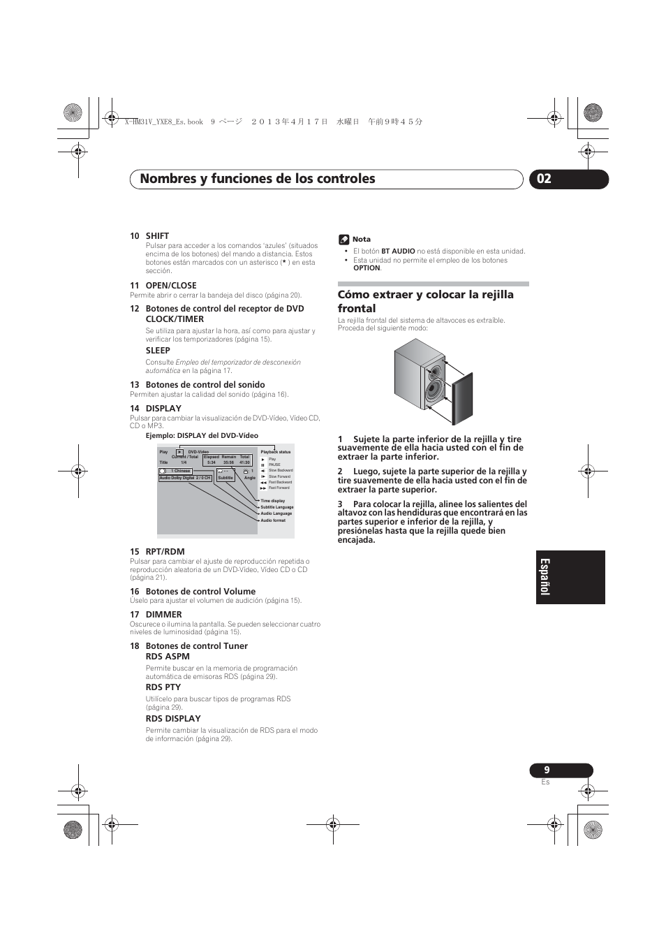 Cómo extraer y colocar la rejilla frontal, Nombres y funciones de los controles 02 | Pioneer X-HM31V-K User Manual | Page 219 / 256