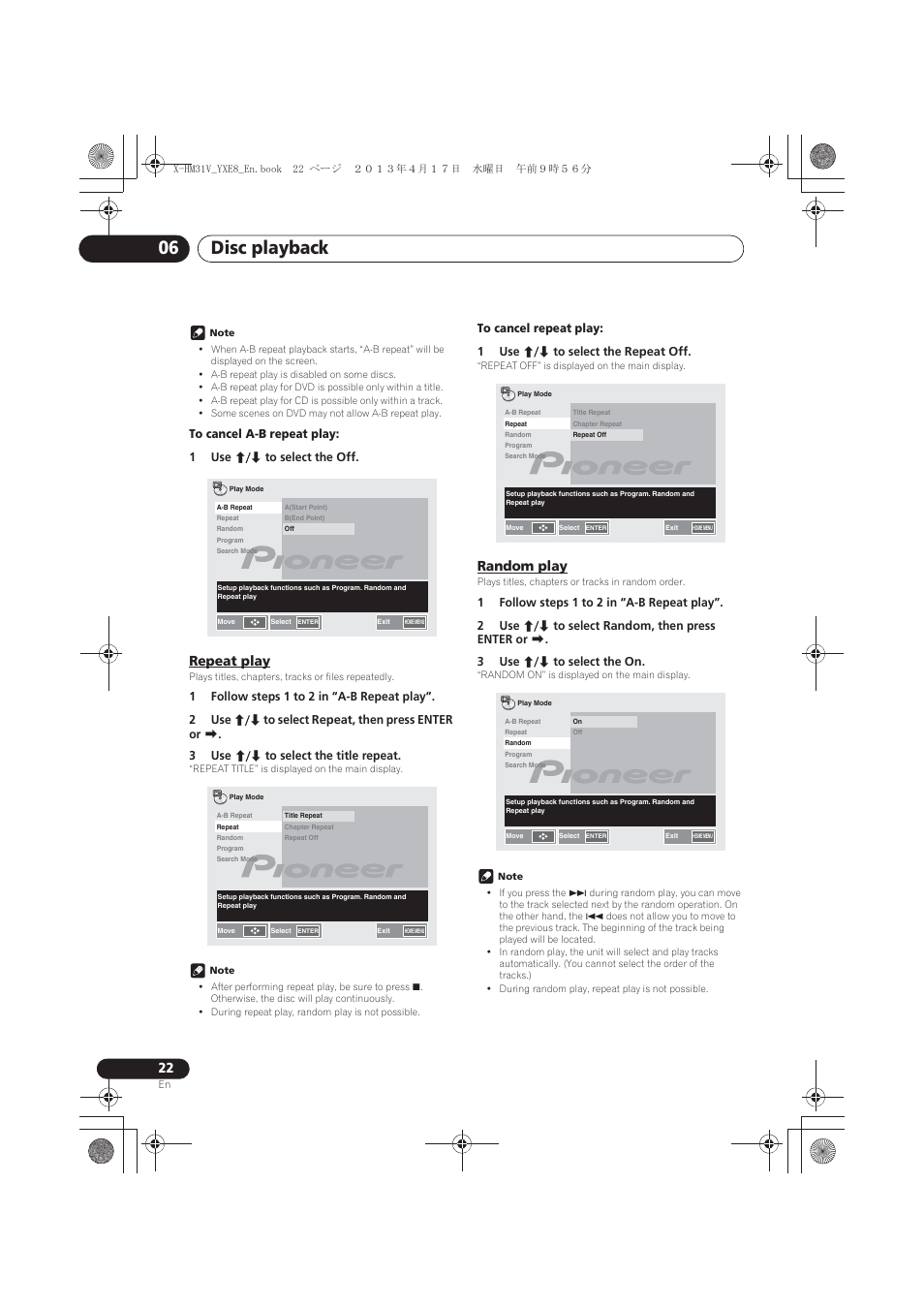 Repeat play, Random play, Disc playback 06 | Pioneer X-HM31V-K User Manual | Page 22 / 256