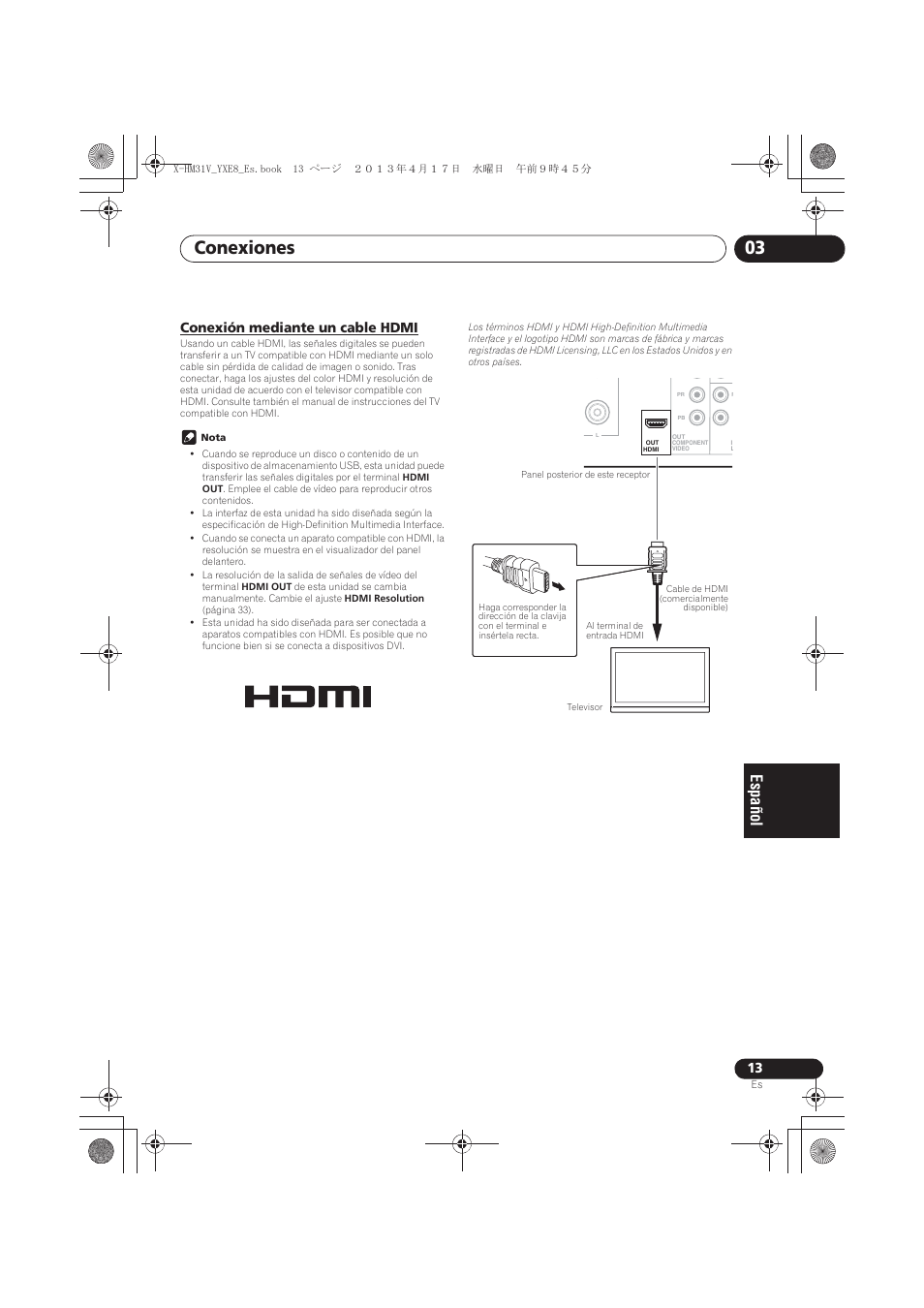 Conexión mediante un cable hdmi, Conexiones 03 | Pioneer X-HM31V-K User Manual | Page 223 / 256