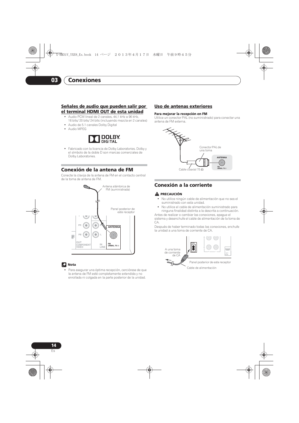 Out de esta unidad, Conexión de la antena de fm, Uso de antenas exteriores | Conexión a la corriente, Conexiones 03 | Pioneer X-HM31V-K User Manual | Page 224 / 256